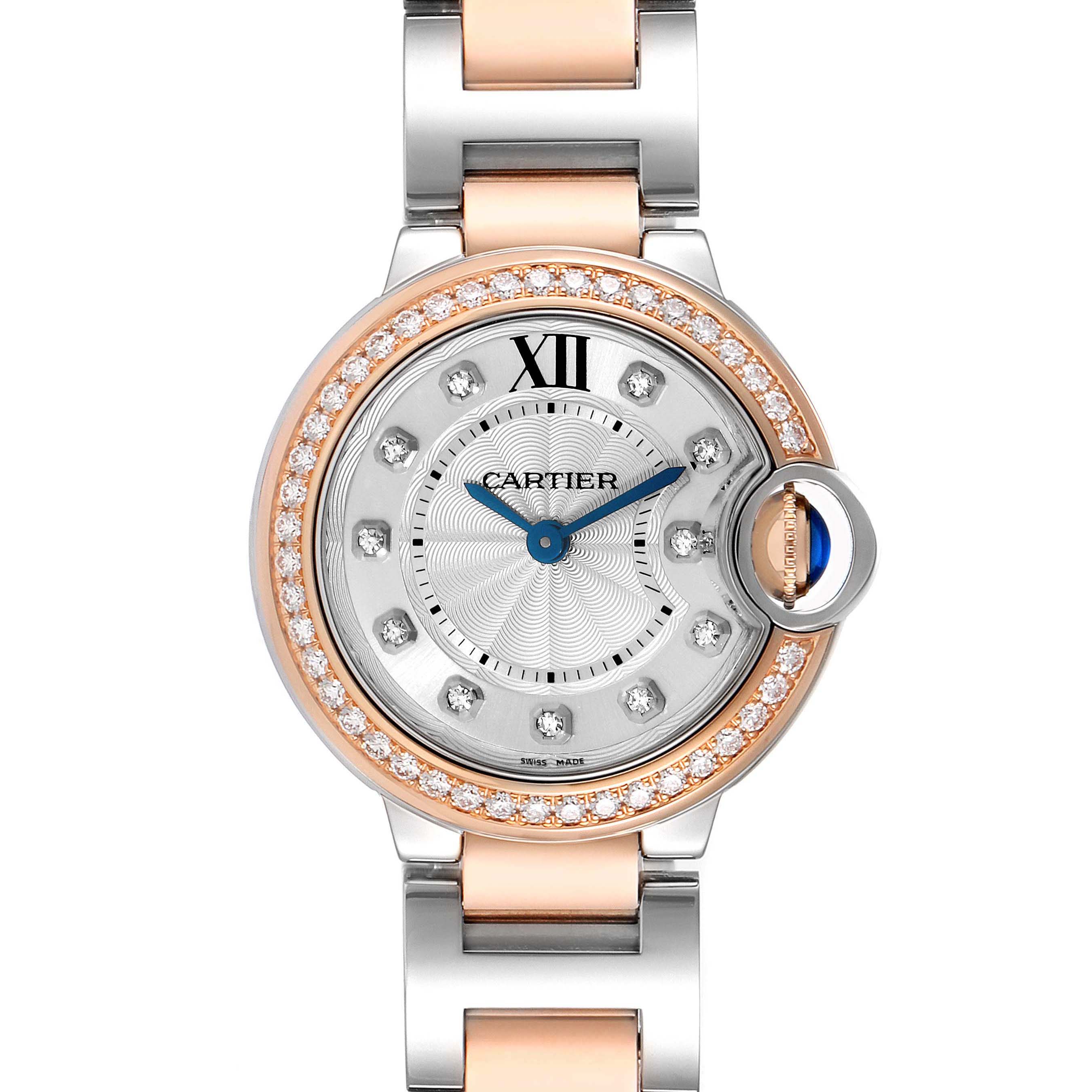 The Cartier Ballon Bleu W3BB0009 Women's Steel and Gold (two tone) Silver Dial watch is shown from a top-down angle, featuring its face, bezel, and part of the bracelet.