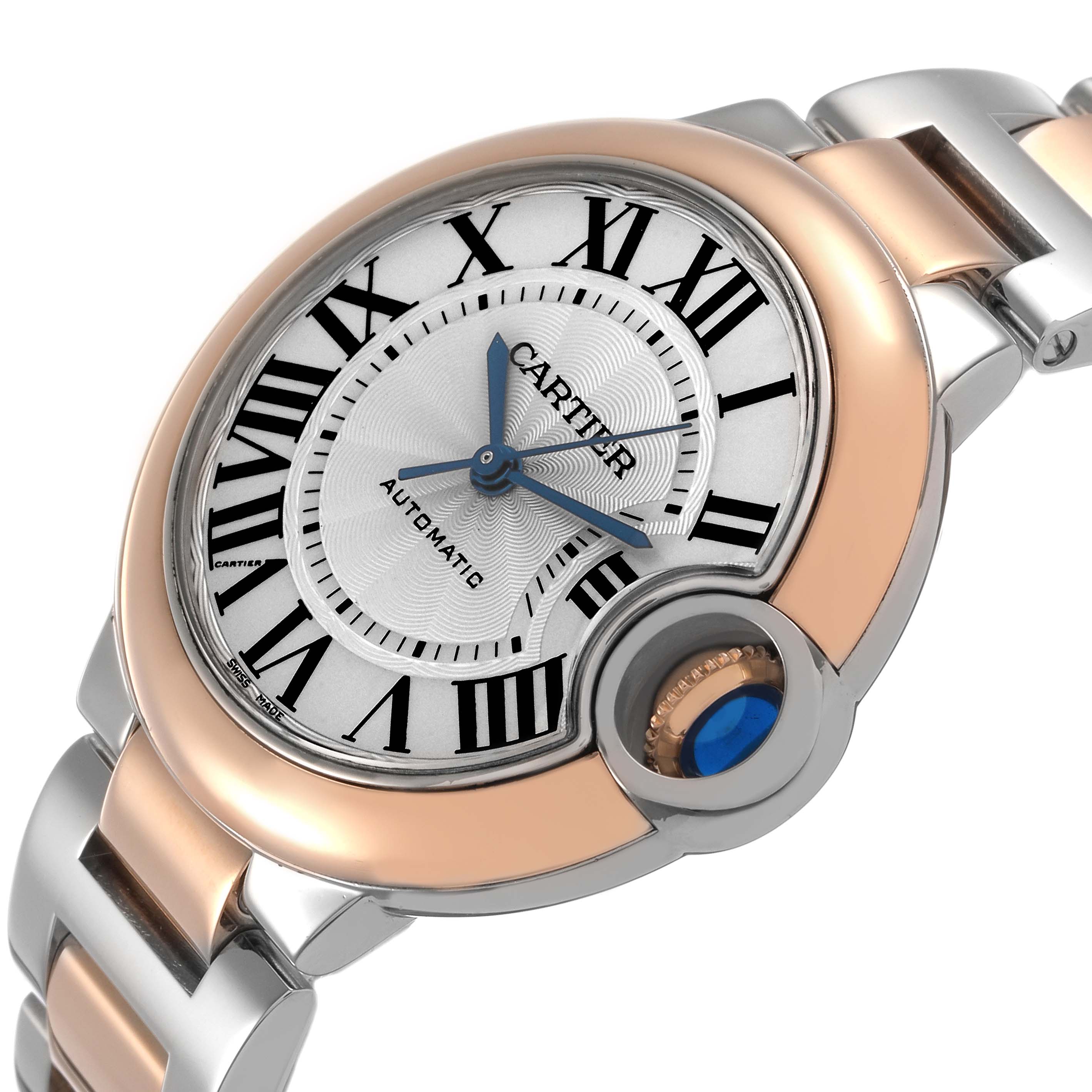The Cartier Ballon Bleu W2BB0032 Women's Steel and Gold (two tone) Silver Dial watch is shown at a slight angle, highlighting the face, crown, and part of the bracelet.