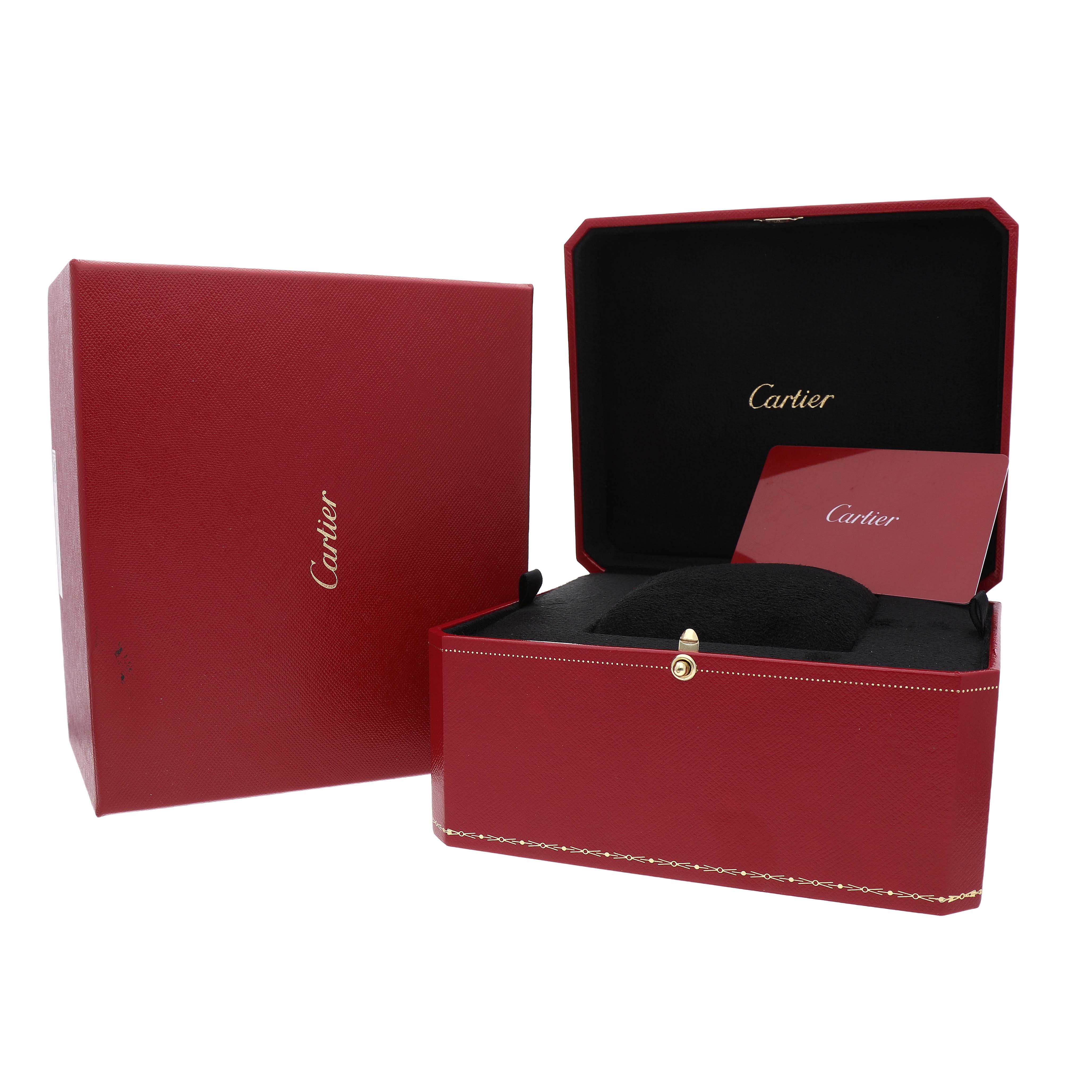 The image shows the packaging and box for a Cartier Ballon Bleu W2BB0032 Women's Steel and Gold (two tone) Silver Dial watch, featuring a red box with a black interior.