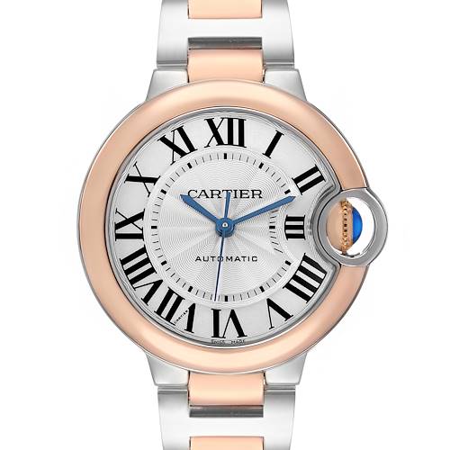 The Cartier Ballon Bleu W2BB0032 Women's Steel and Gold (two tone) Silver Dial watch is shown from the front, highlighting the dial, Roman numerals, hands, and crown.
