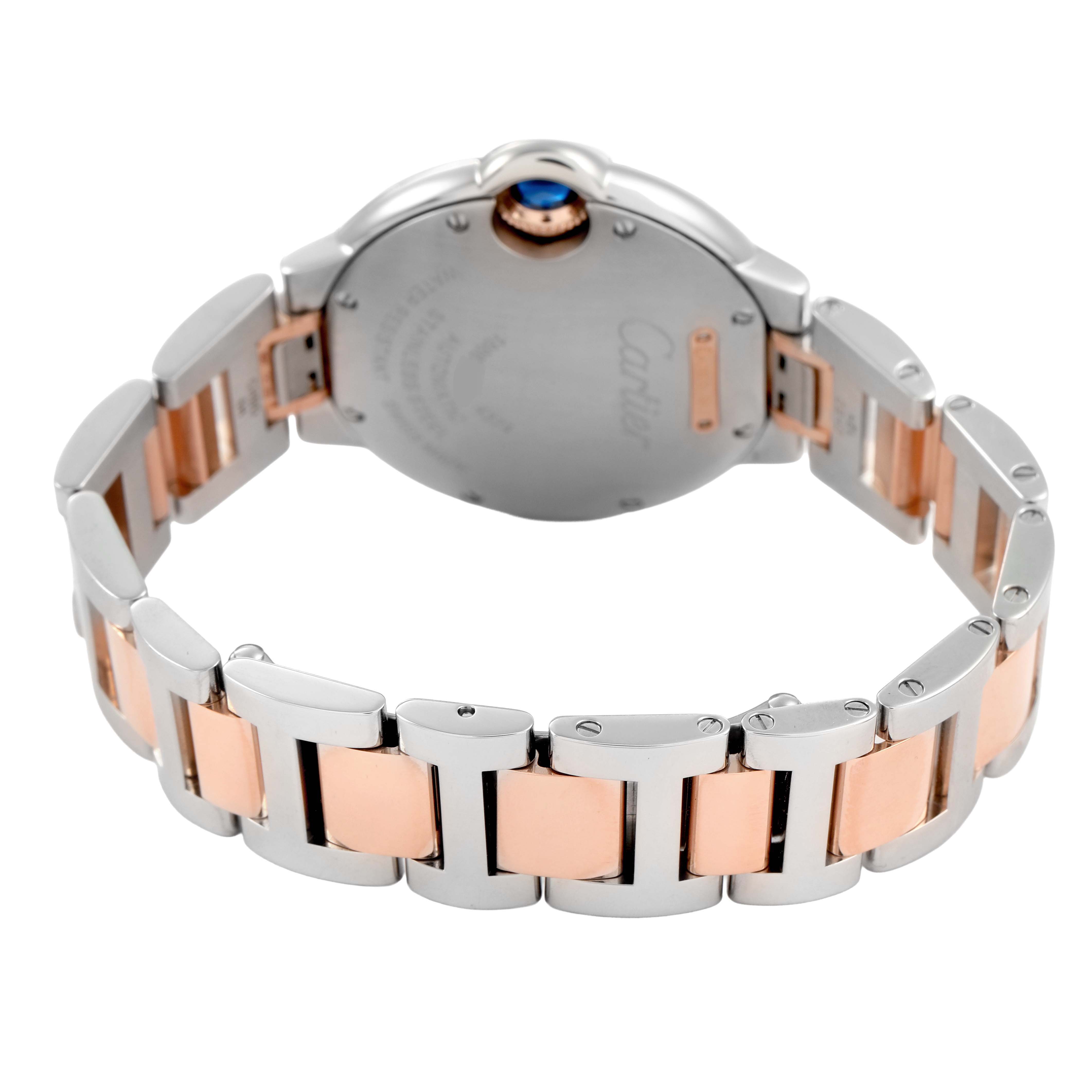 The image shows the back of the case and bracelet of a Cartier Ballon Bleu W2BB0032 Women's Steel and Gold (two tone) Silver Dial watch, highlighting its two-tone metal links.