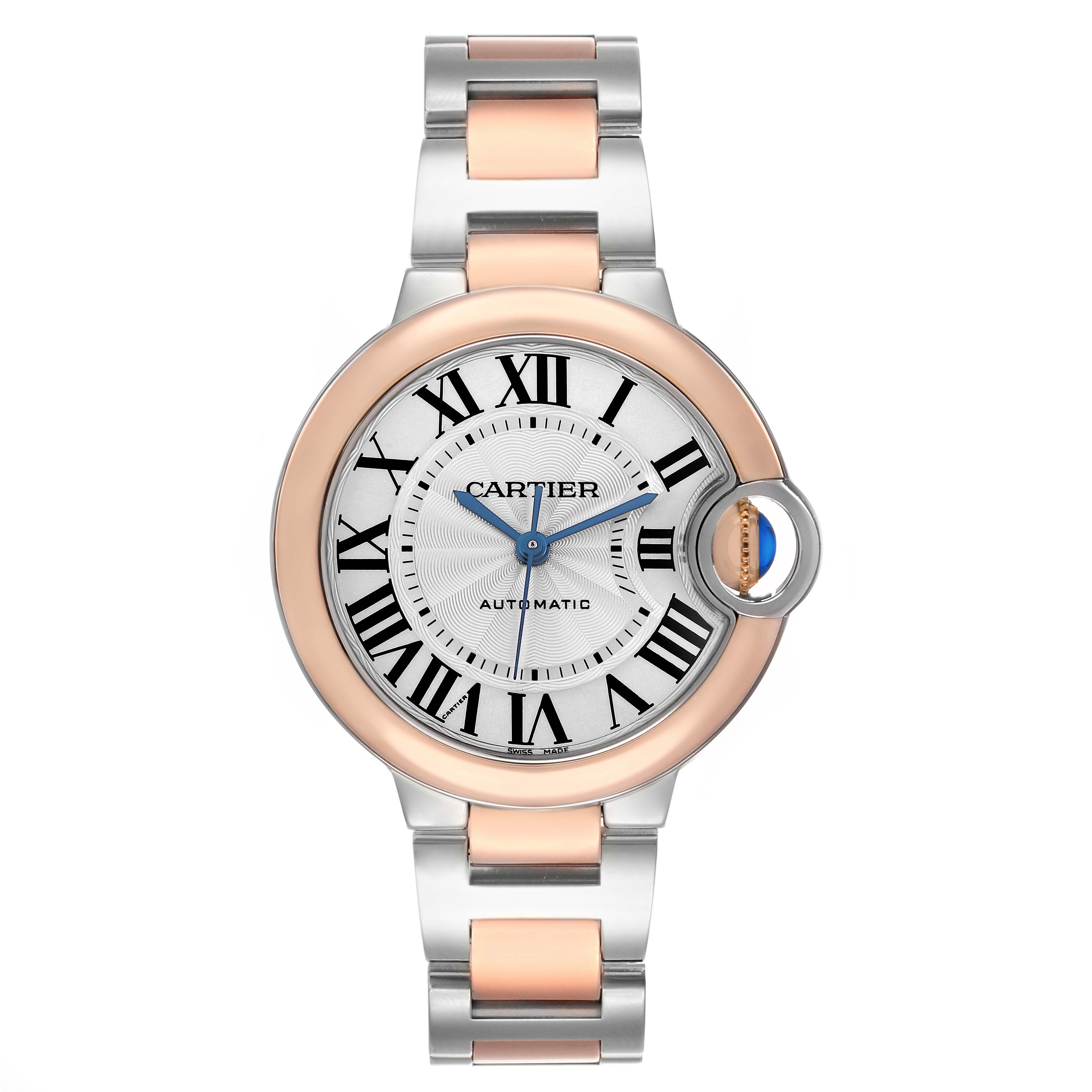 The Cartier Ballon Bleu W2BB0032 Women's Steel and Gold (two tone) Silver Dial watch is shown from a front angle, highlighting the dial, bezel, crown, and bracelet.