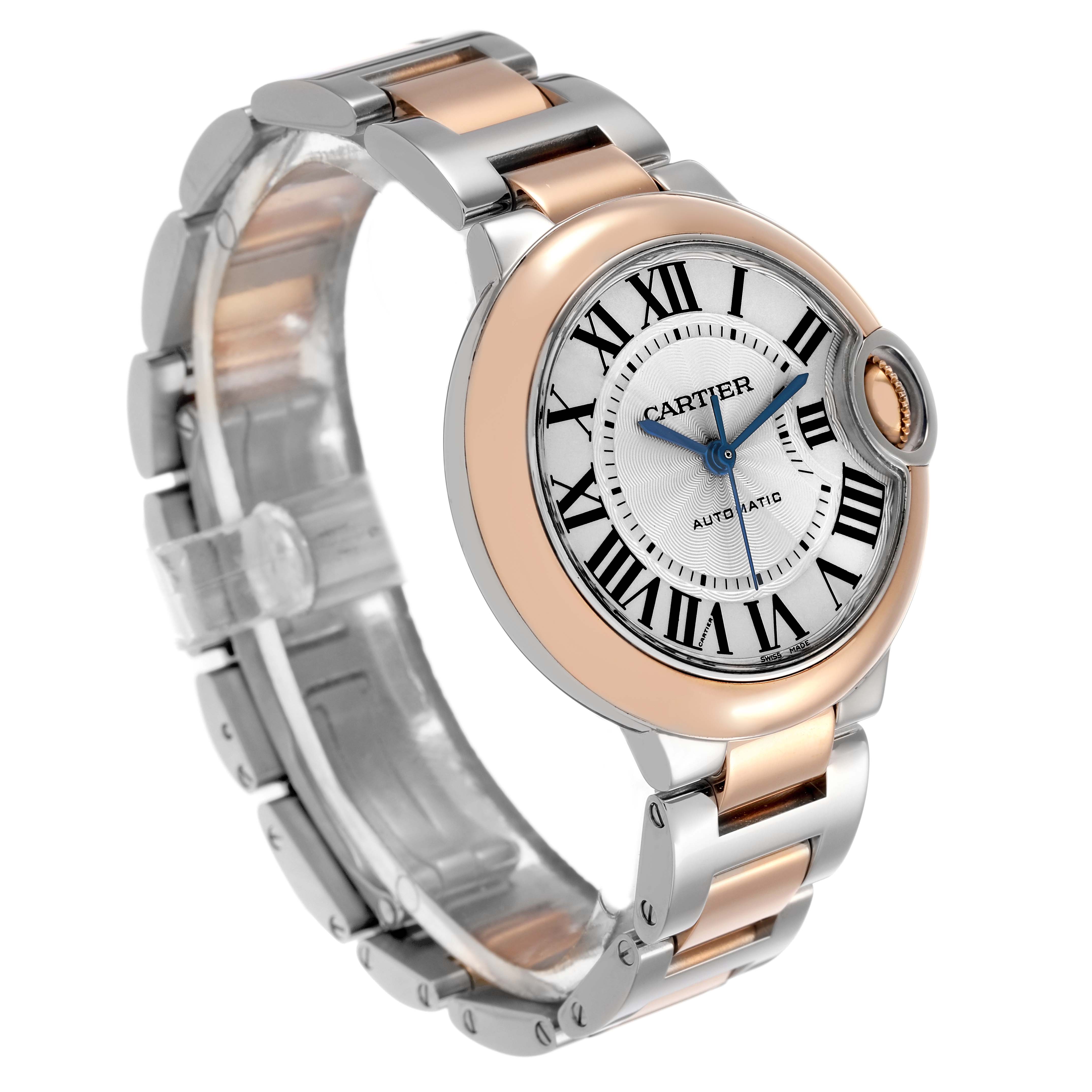 The Cartier Ballon Bleu W2BB0032 Women's Steel and Gold (two tone) Silver Dial watch is shown at a three-quarter angle, highlighting the face, bracelet, and bezel details.