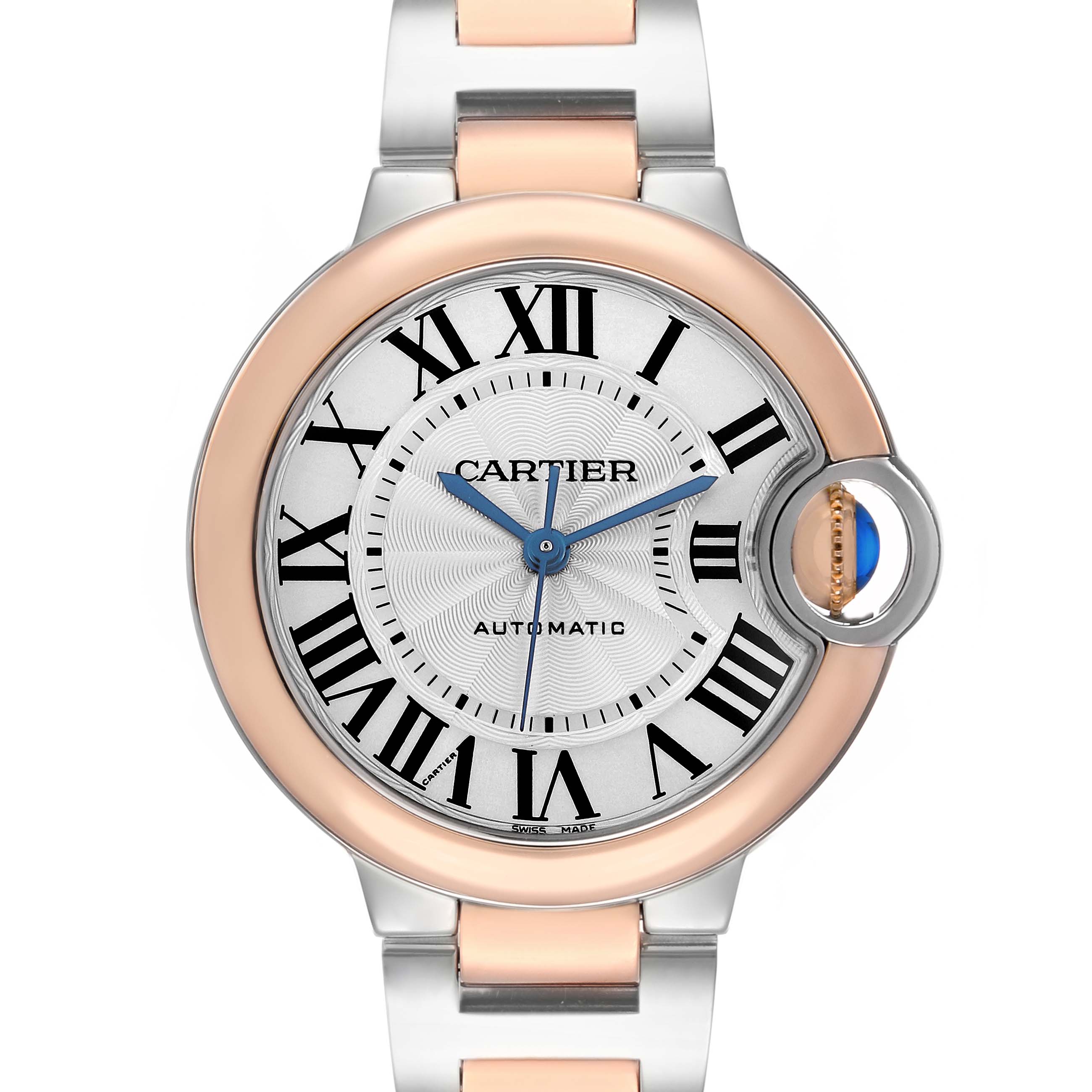 The Cartier Ballon Bleu W2BB0032 Women's Steel and Gold (two tone) Silver Dial watch is shown from the front, highlighting its Roman numerals, blue hands, and distinctive round case with a crown.