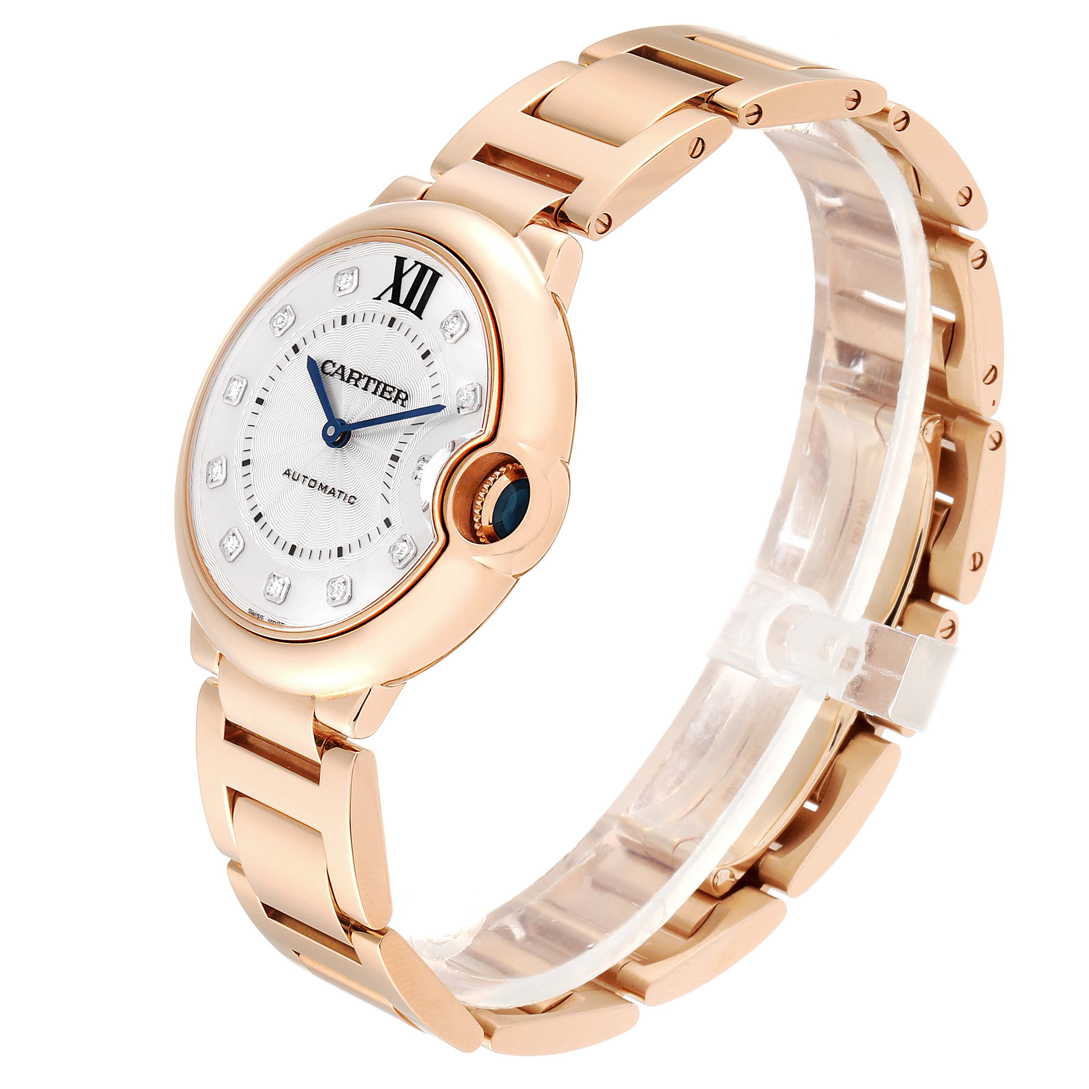 The image shows a side view of a Cartier Ballon Bleu WE902026 Women's Rose Gold Silver Dial WE902026 Women's Rose Gold Silver Dial watch, highlighting the case, dial, bracelet, and crown with a sapphire cabochon.