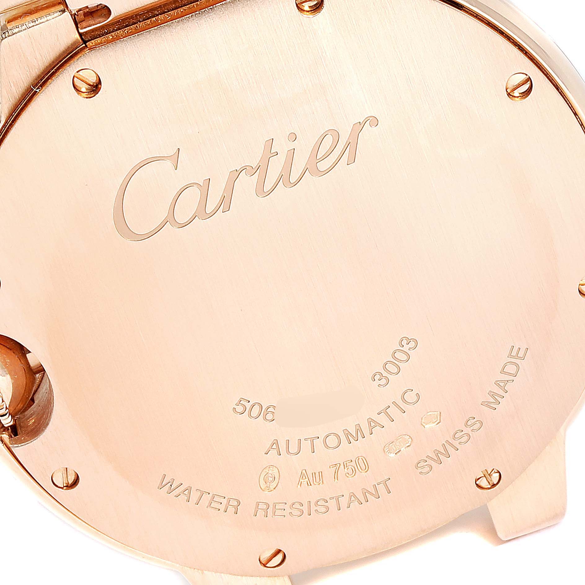 The image shows the back case of a Cartier Ballon Bleu WE902026 Women's Rose Gold Silver Dial WE902026 Women's Rose Gold Silver Dial watch, highlighting the brand's name and watch specifications.