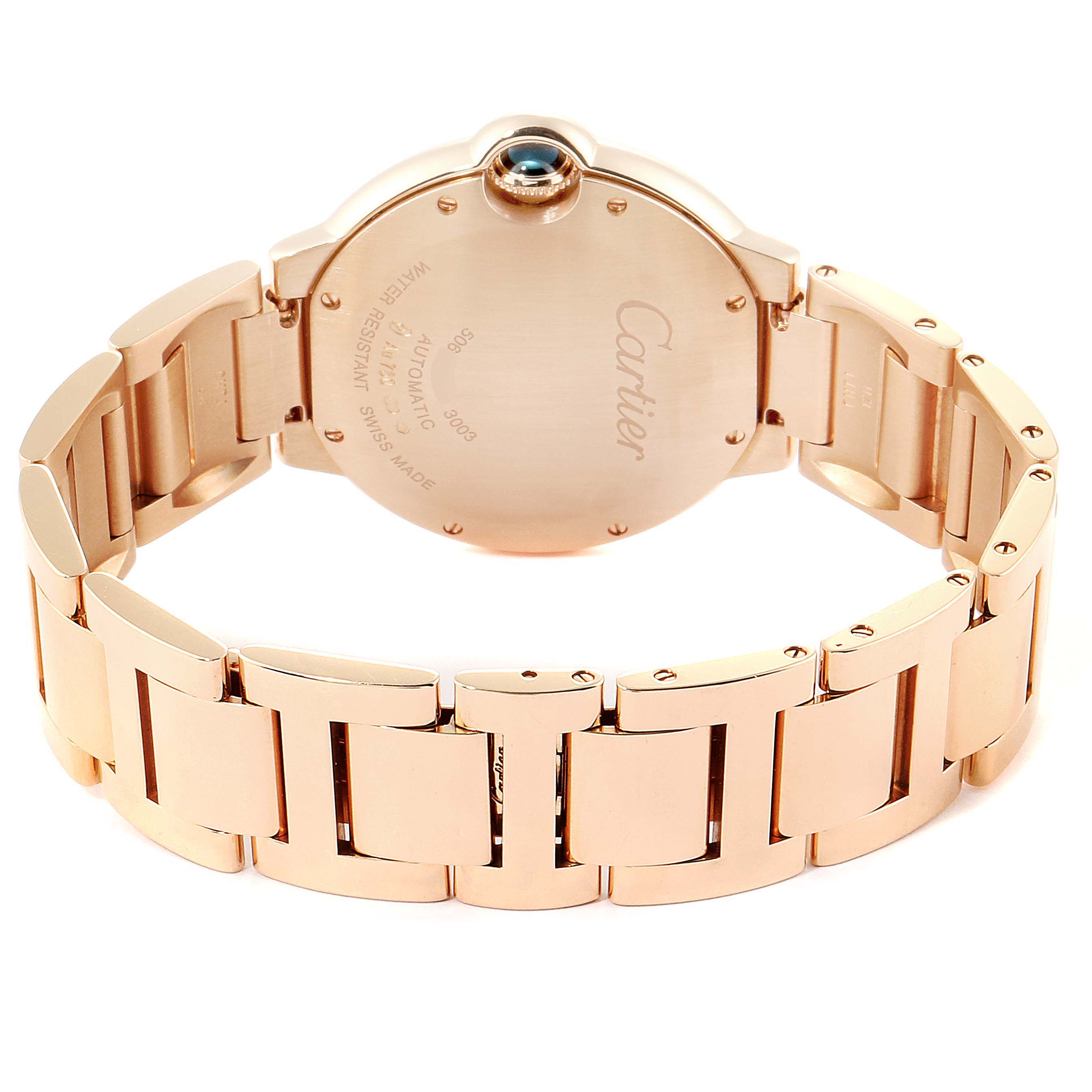 The image shows the back of a Cartier Ballon Bleu WE902026 Women's Rose Gold Silver Dial WE902026 Women's Rose Gold Silver Dial watch with its gold bracelet and rear case visible.
