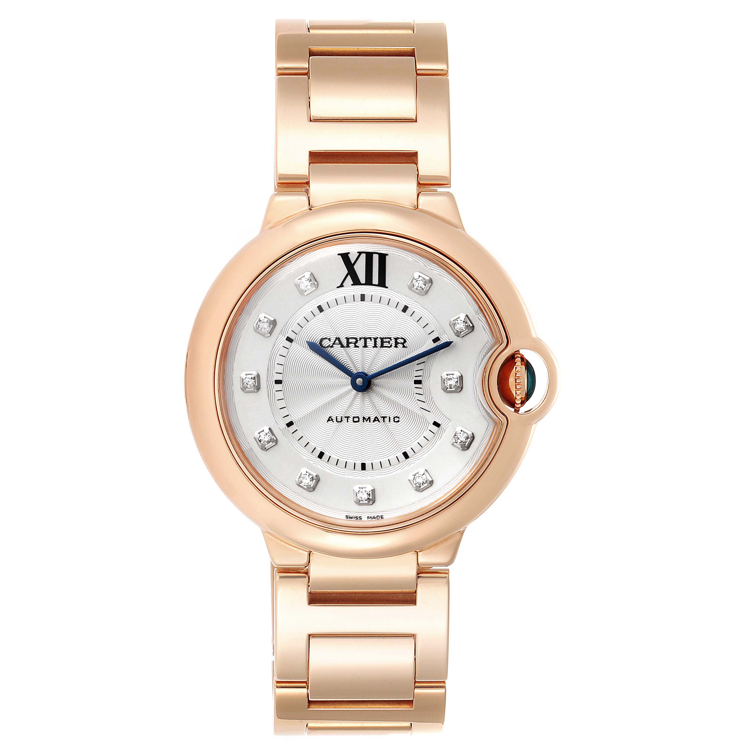 This image shows a front view of a Cartier Ballon Bleu WE902026 Women's Rose Gold Silver Dial WE902026 Women's Rose Gold Silver Dial watch, showcasing its face, dial, and metal bracelet.
