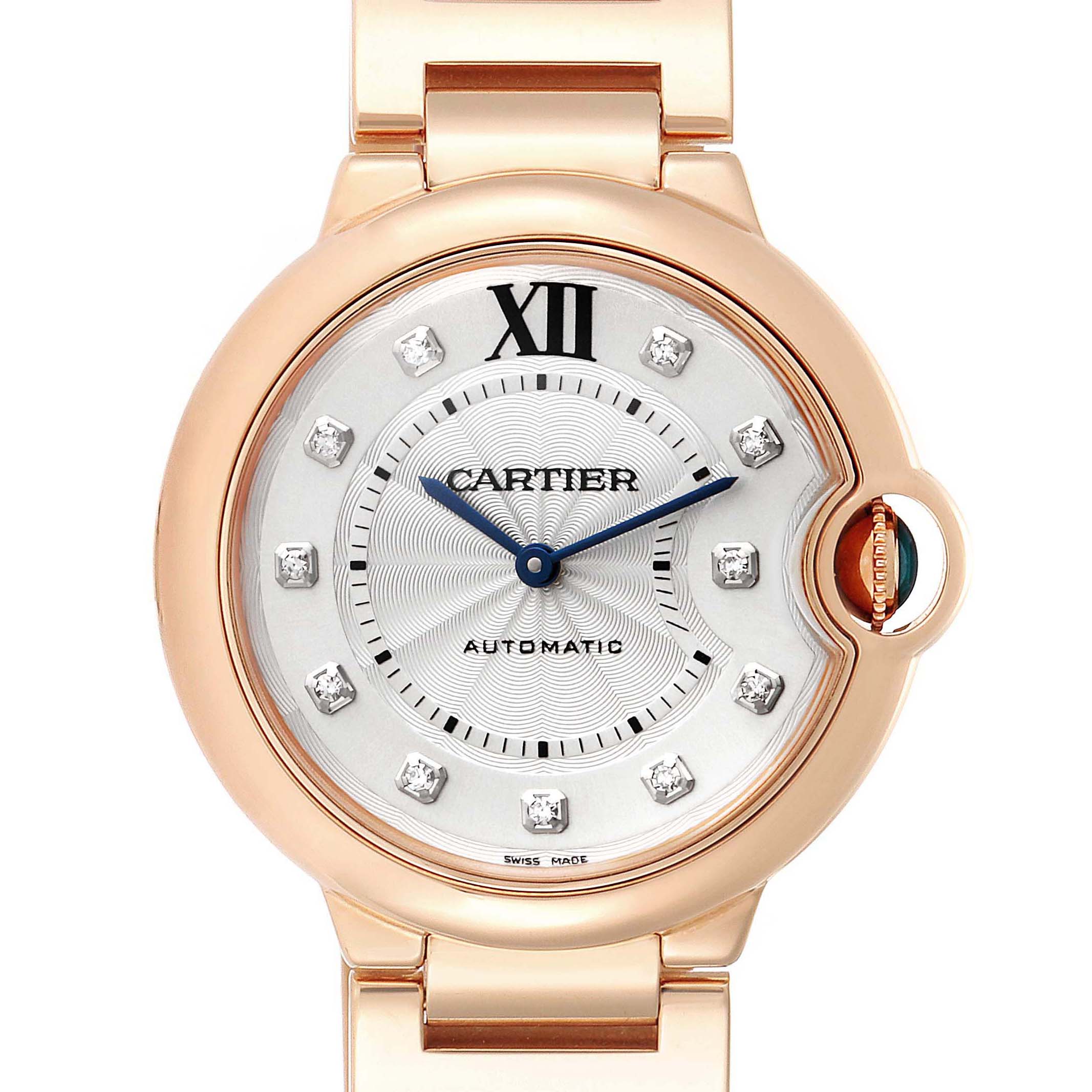This image shows the dial and part of the bracelet of the Cartier Ballon Bleu WE902026 Women's Rose Gold Silver Dial WE902026 Women's Rose Gold Silver Dial watch, viewed from the front.