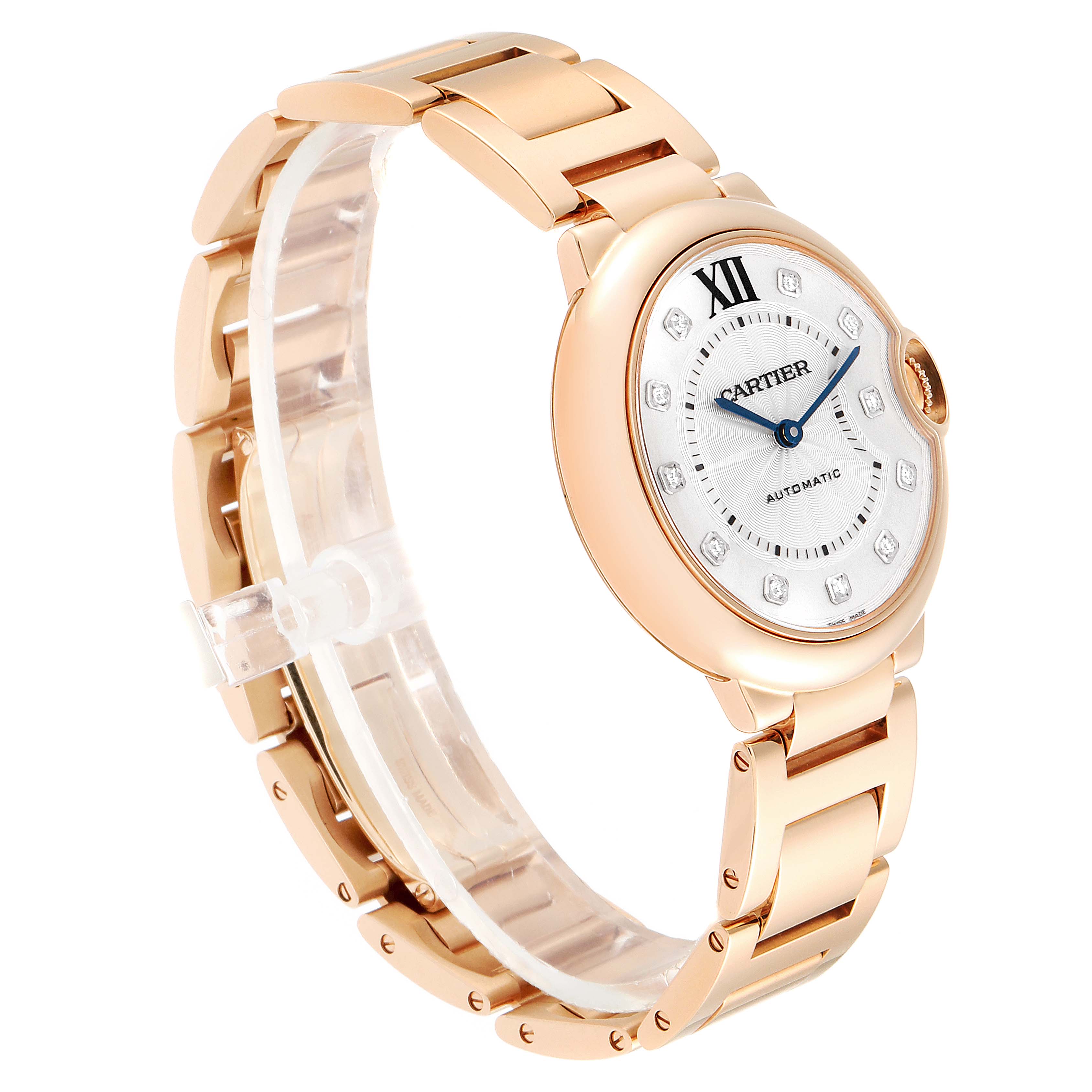 This image shows a side-angle view of the Cartier Ballon Bleu WE902026 Women's Rose Gold Silver Dial WE902026 Women's Rose Gold Silver Dial watch, highlighting its gold bracelet, round case, and white dial.