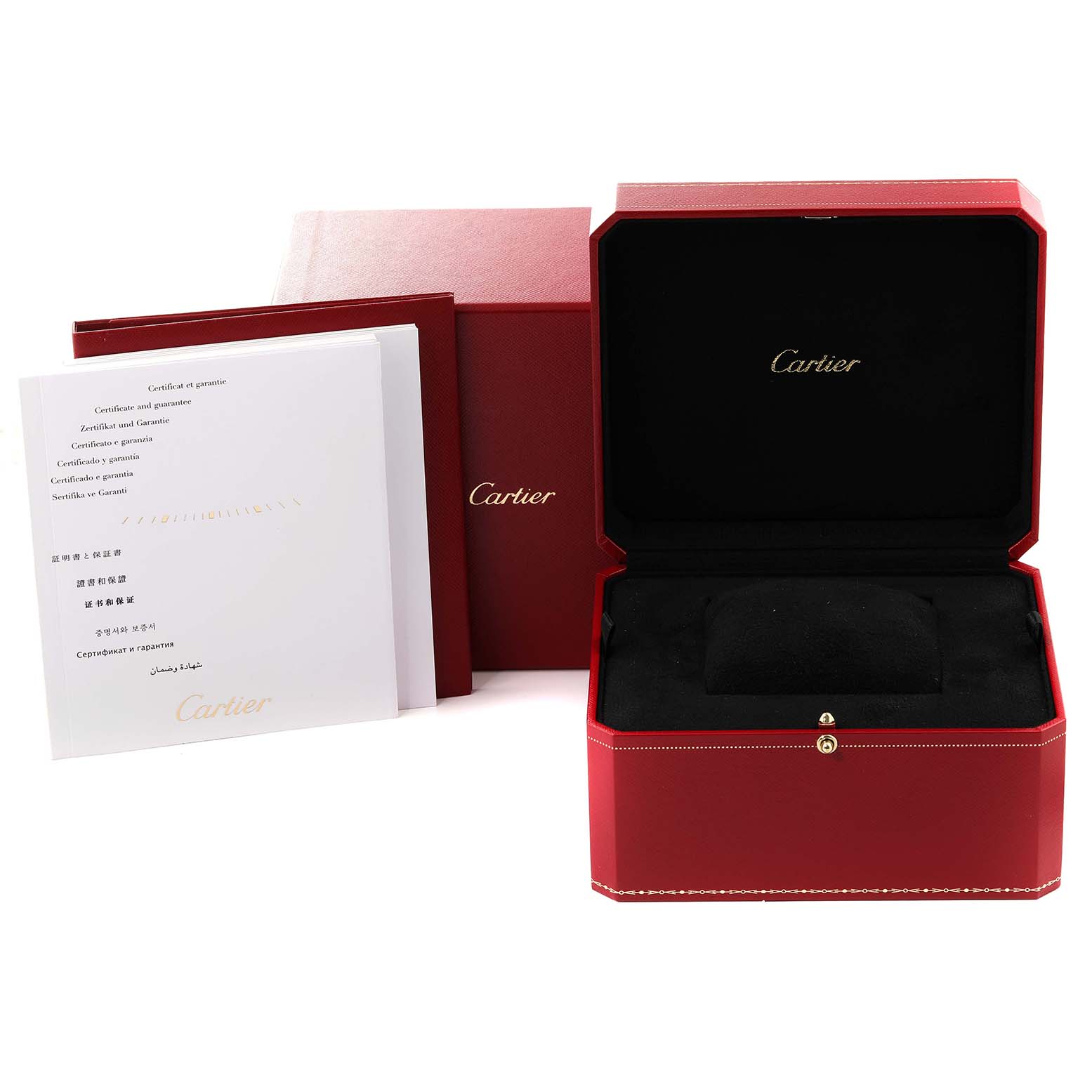 This image shows the packaging, box, and documents for a Cartier Ballon Bleu W6920098 Women's Steel and Gold (two tone) Mother of Pearl Dial W6920098 Women's Steel and Gold (two tone) Mother of Pearl Dial watch.