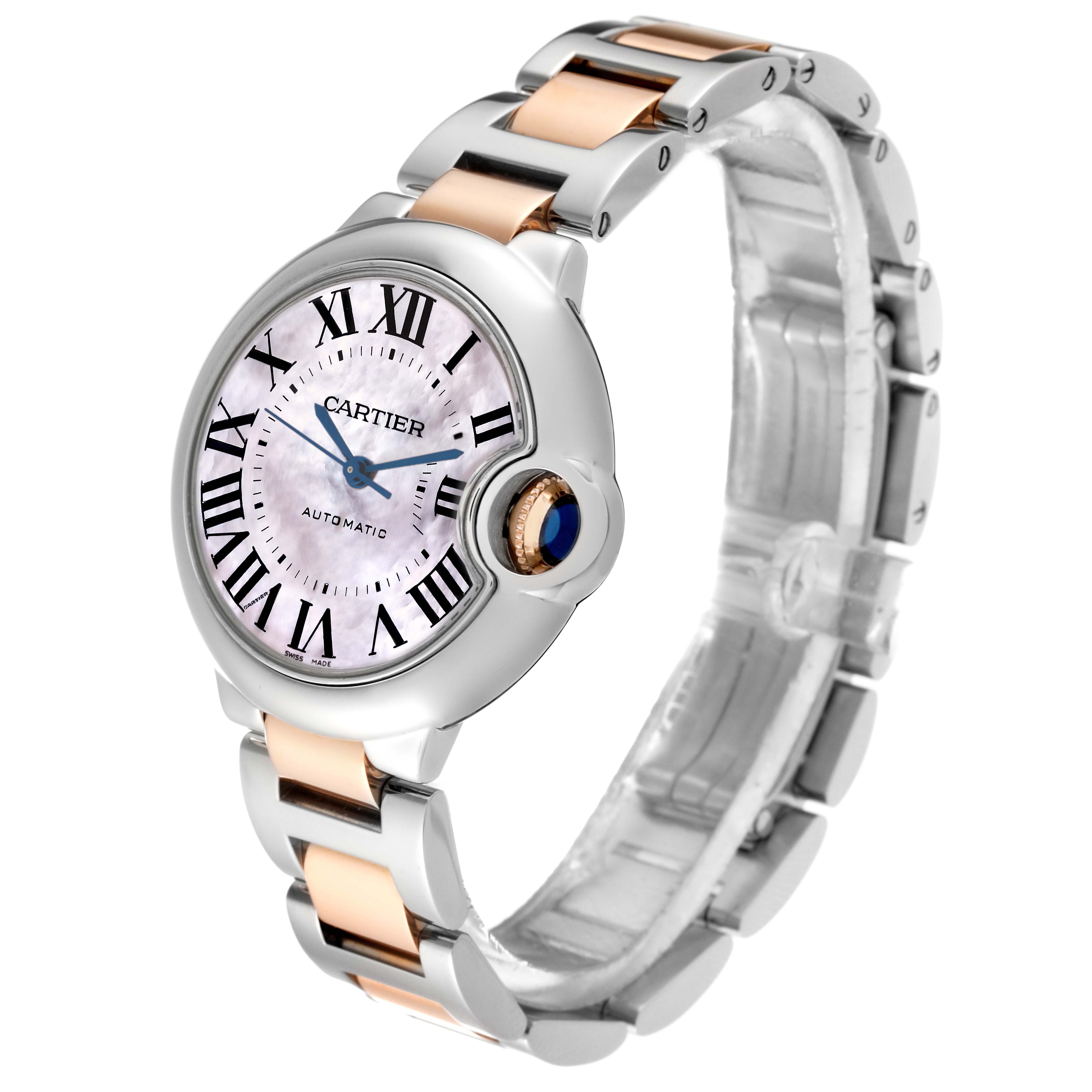 The Cartier Ballon Bleu W6920098 Women's Steel and Gold (two tone) Mother of Pearl Dial W6920098 Women's Steel and Gold (two tone) Mother of Pearl Dial watch is shown at an angled side view, highlighting its face, crown, and two-tone bracelet.