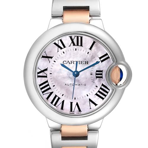 The image is a frontal view of a Cartier Ballon Bleu watch, showcasing the face, Roman numerals, and part of the bracelet.