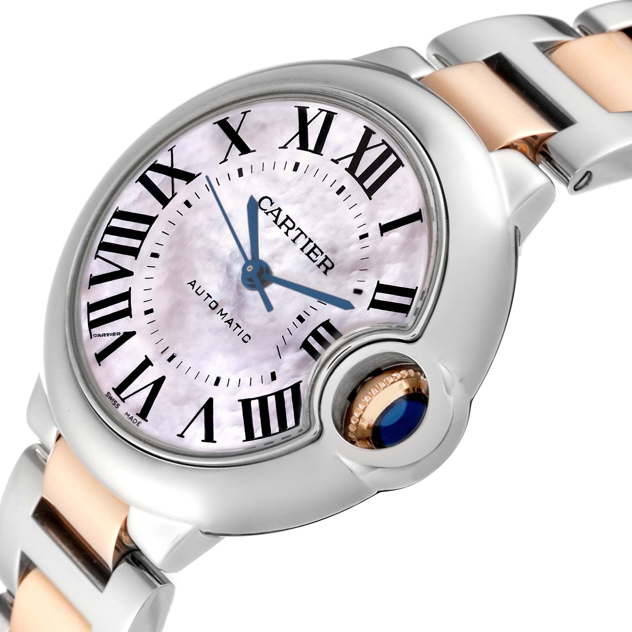 The image shows a close-up angle of the Cartier Ballon Bleu W6920098 Women's Steel and Gold (two tone) Mother of Pearl Dial W6920098 Women's Steel and Gold (two tone) Mother of Pearl Dial watch, highlighting the dial, bezel, crown, and part of the bracelet.