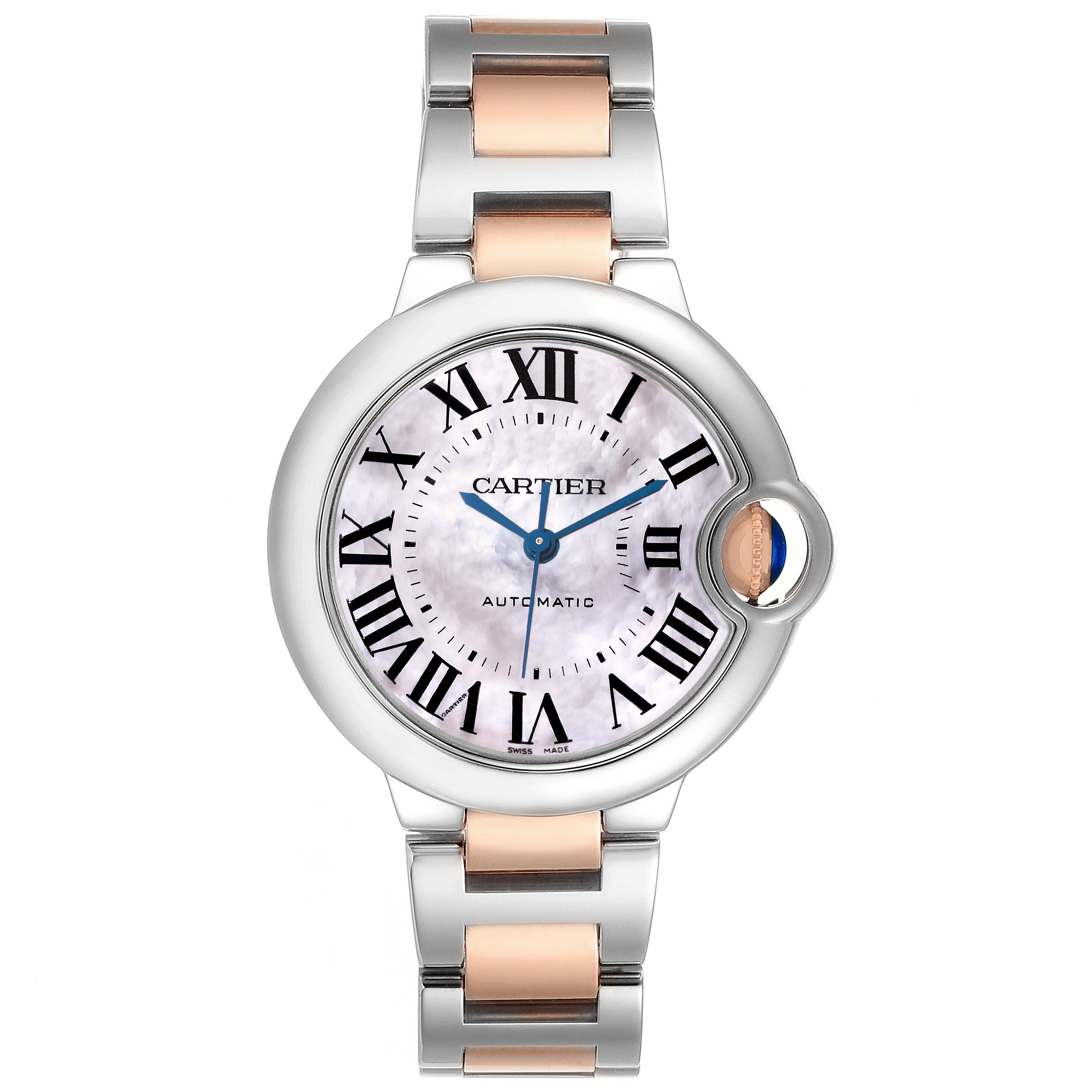 The image shows a front view of a Cartier Ballon Bleu W6920098 Women's Steel and Gold (two tone) Mother of Pearl Dial W6920098 Women's Steel and Gold (two tone) Mother of Pearl Dial watch, displaying the dial, hands, and bracelet.
