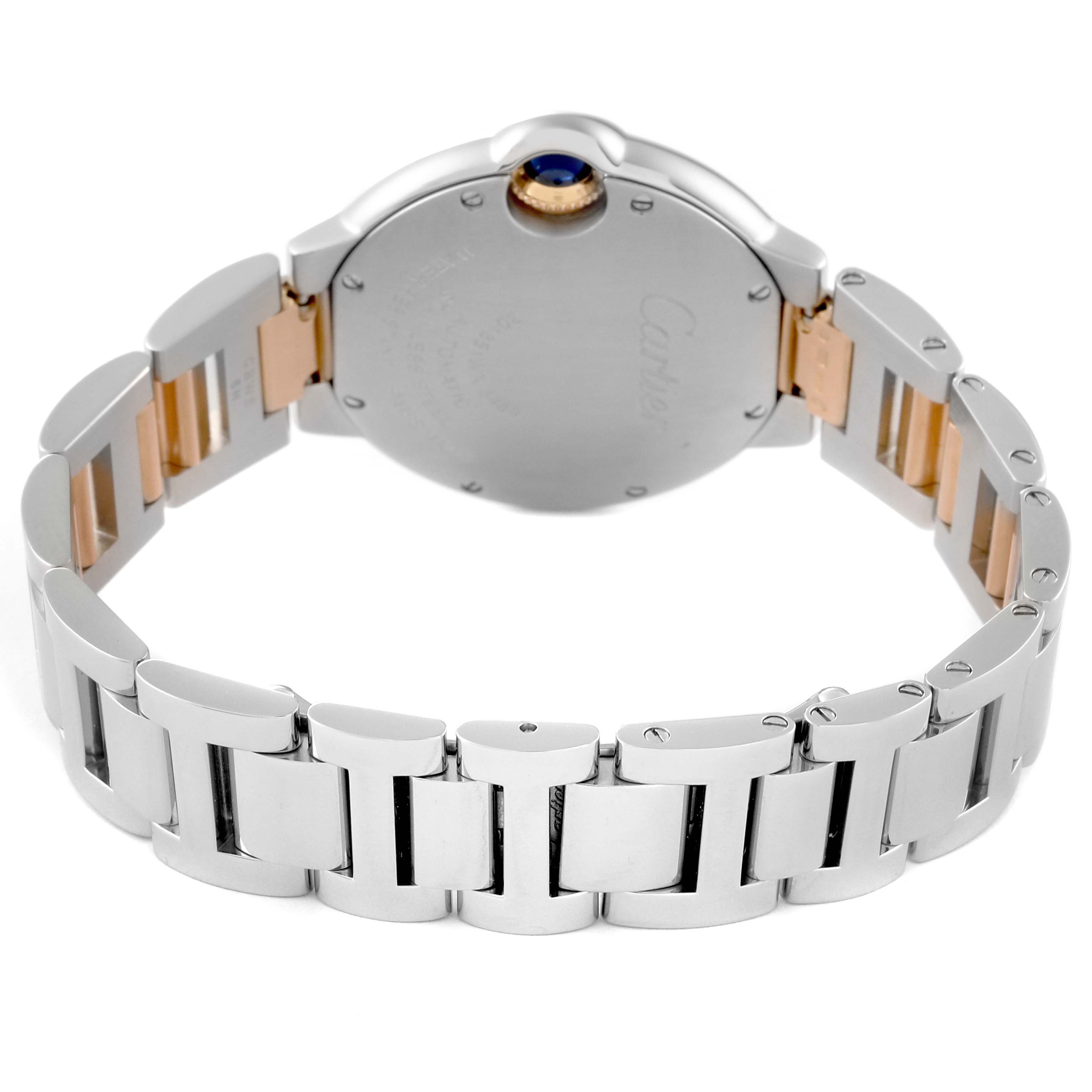 The image shows the back and the bracelet of a Cartier Ballon Bleu W6920098 Women's Steel and Gold (two tone) Mother of Pearl Dial W6920098 Women's Steel and Gold (two tone) Mother of Pearl Dial watch at a slight angle.