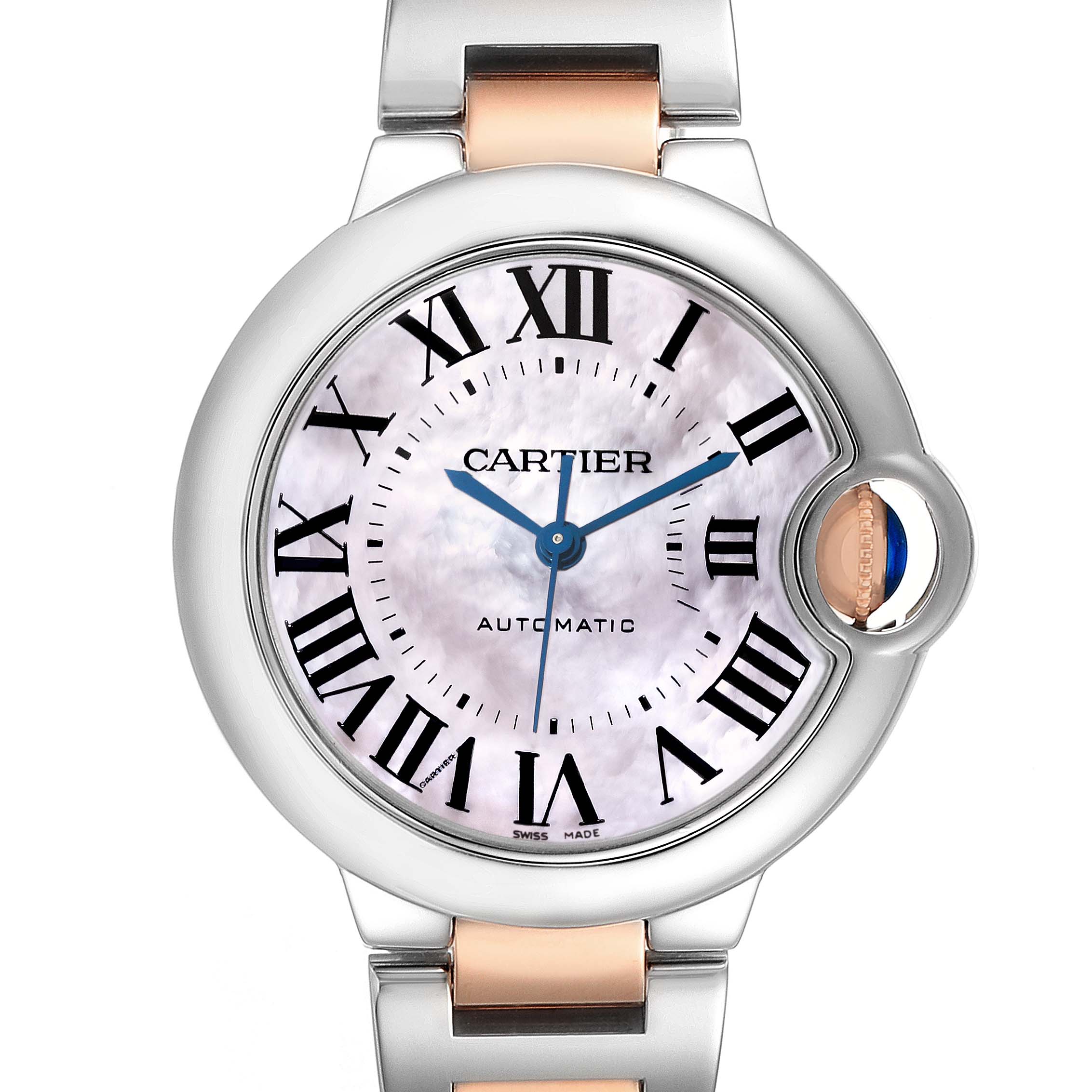 The image shows a frontal view of the Cartier Ballon Bleu W6920098 Women's Steel and Gold (two tone) Mother of Pearl Dial W6920098 Women's Steel and Gold (two tone) Mother of Pearl Dial watch face with Roman numerals and a blue sapphire crown.