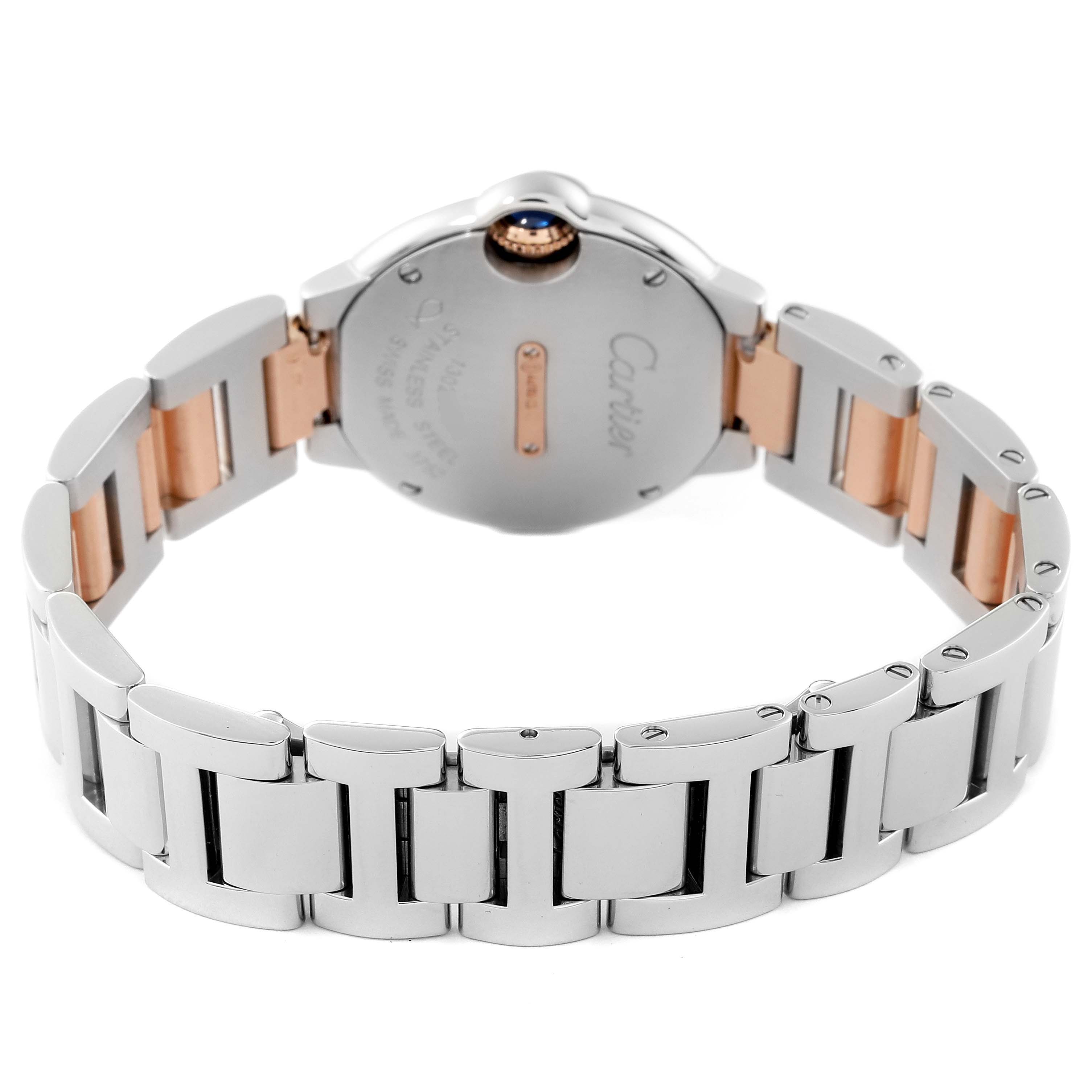 The image shows the back case and bracelet of a Cartier Ballon Bleu W3BB0009 Women's Steel and Gold (two tone) Silver Dial W3BB0009 Women's Steel and Gold (two tone) Silver Dial watch, highlighting the stainless steel and rose gold links.