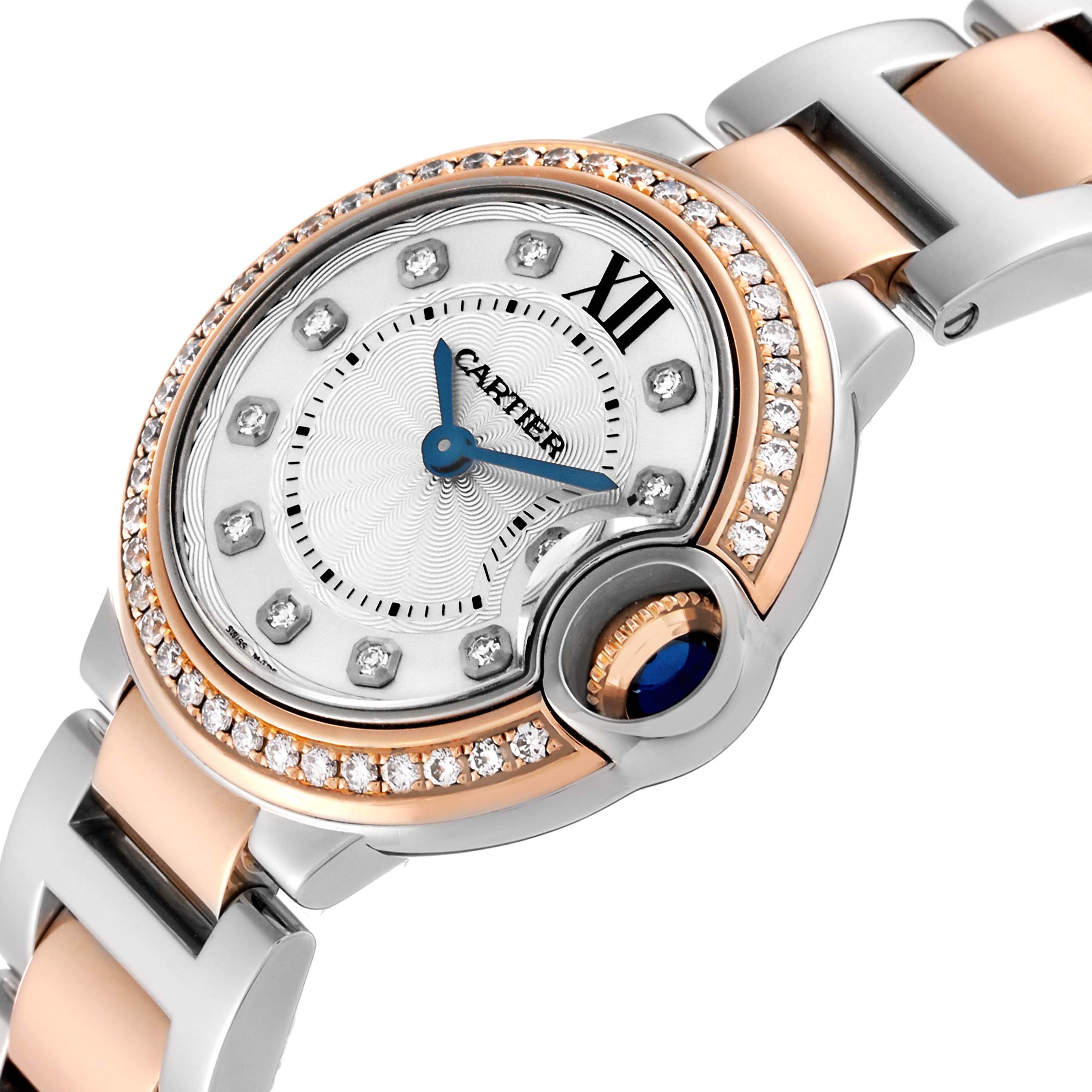 The image shows a close-up view of the Cartier Ballon Bleu W3BB0009 Women's Steel and Gold (two tone) Silver Dial W3BB0009 Women's Steel and Gold (two tone) Silver Dial watch, highlighting its face, bracelet, and diamond-studded bezel.