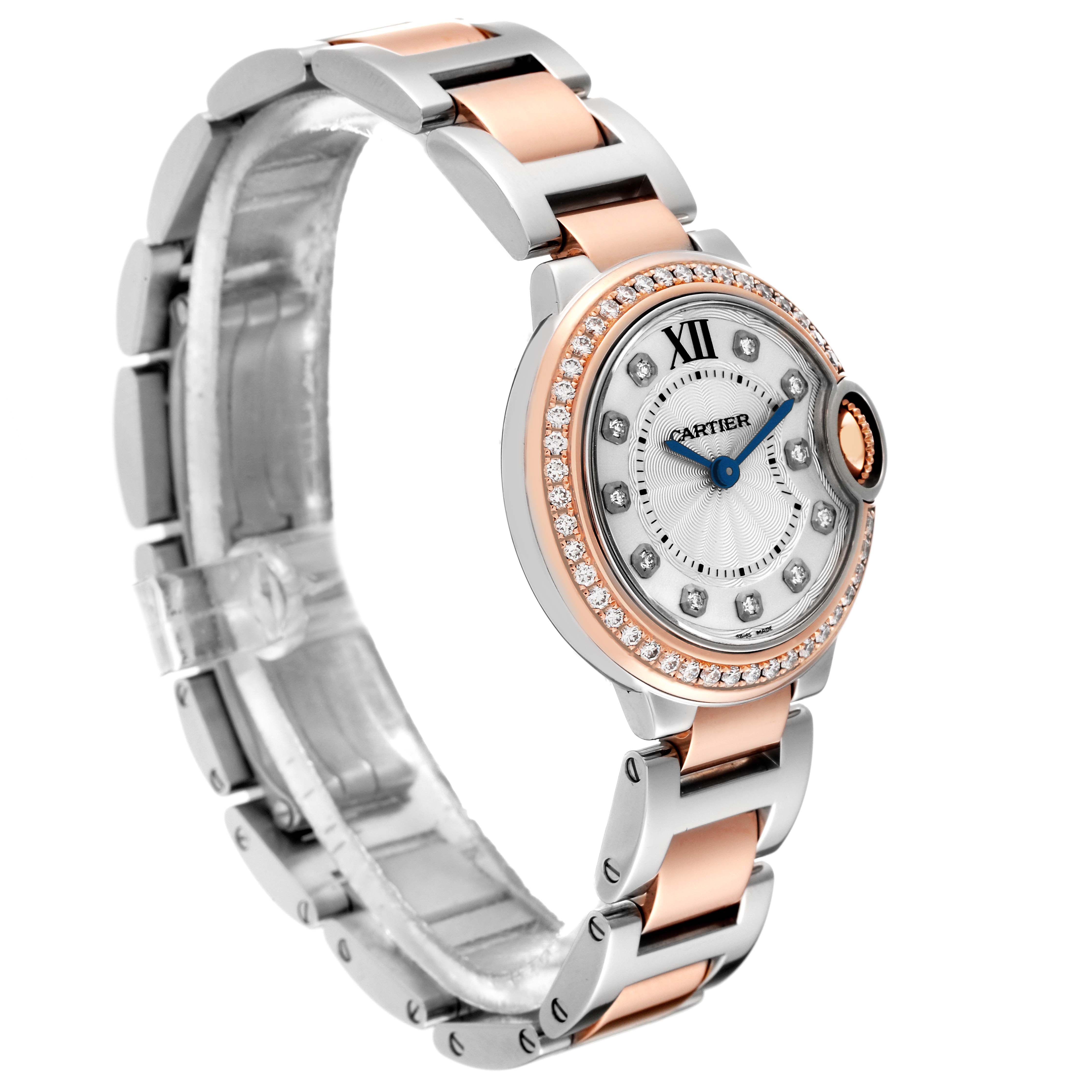 This image shows a Cartier Ballon Bleu W3BB0009 Women's Steel and Gold (two tone) Silver Dial W3BB0009 Women's Steel and Gold (two tone) Silver Dial watch at a slight angle, highlighting the two-tone bracelet, diamond bezel, and Roman numeral dial.