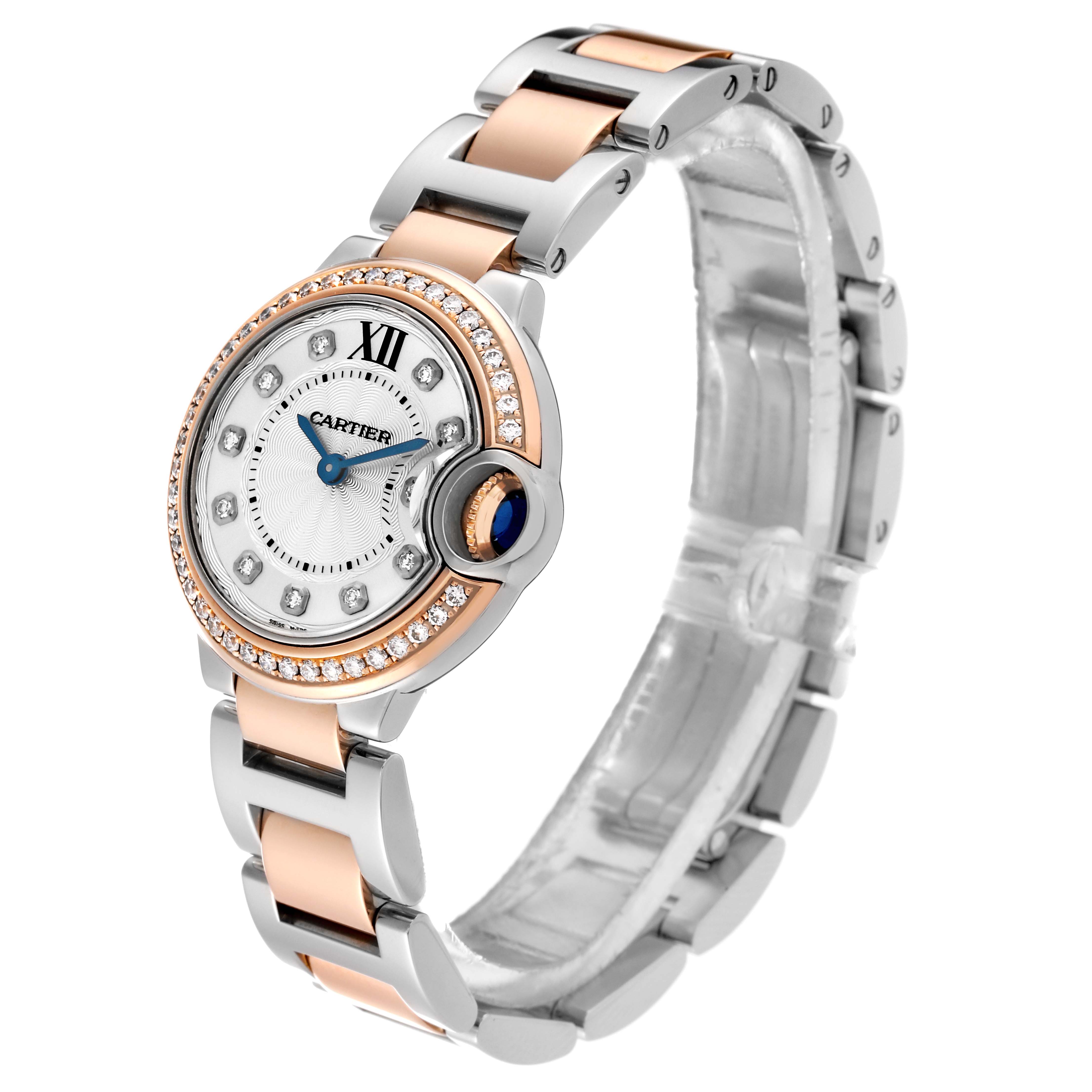 The image shows an angled view of the Cartier Ballon Bleu W3BB0009 Women's Steel and Gold (two tone) Silver Dial W3BB0009 Women's Steel and Gold (two tone) Silver Dial watch, highlighting its two-tone bracelet and diamond-studded bezel.