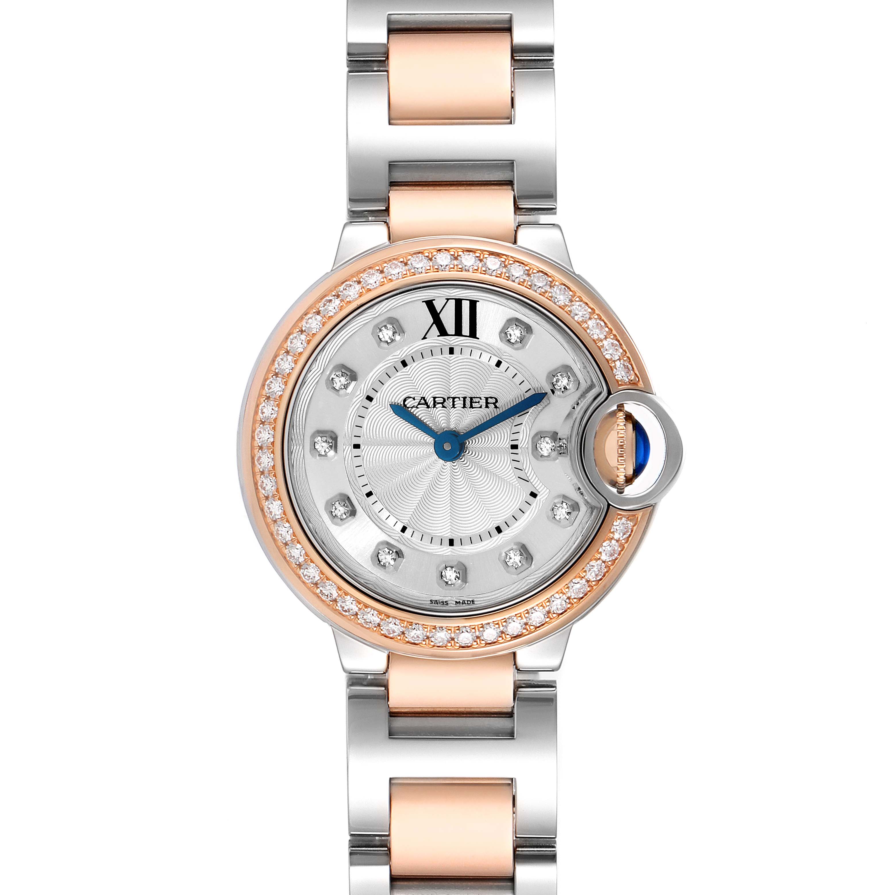 The image shows a frontal view of the Cartier Ballon Bleu W3BB0009 Women's Steel and Gold (two tone) Silver Dial W3BB0009 Women's Steel and Gold (two tone) Silver Dial watch, highlighting the dial, bezel, and bracelet.