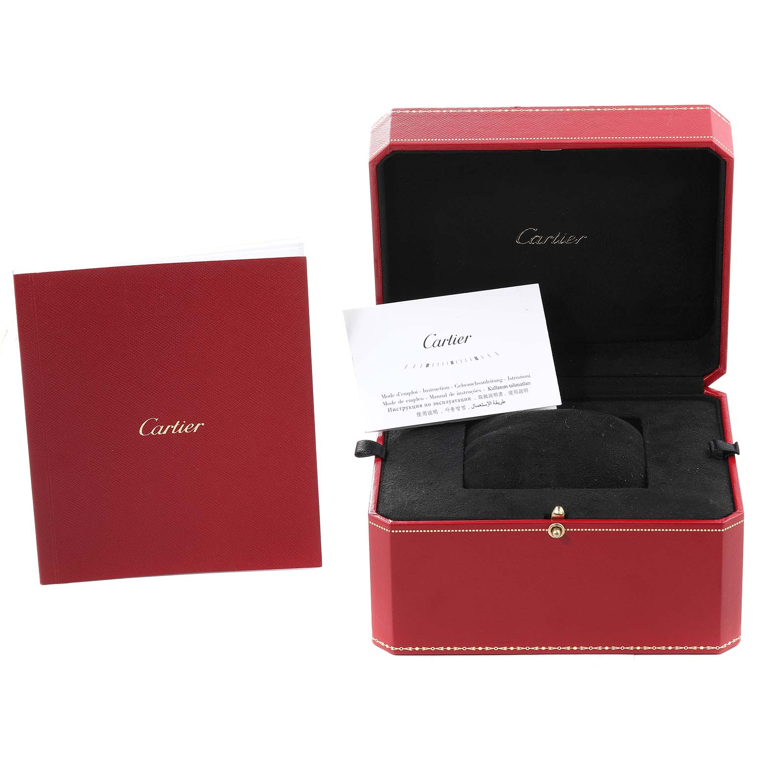The image shows a Cartier Ballon Bleu W2BB0002 Women's Stainless Steel Silver Dial W2BB0002 Women's Stainless Steel Silver Dial watch box with a red booklet and a warranty card.