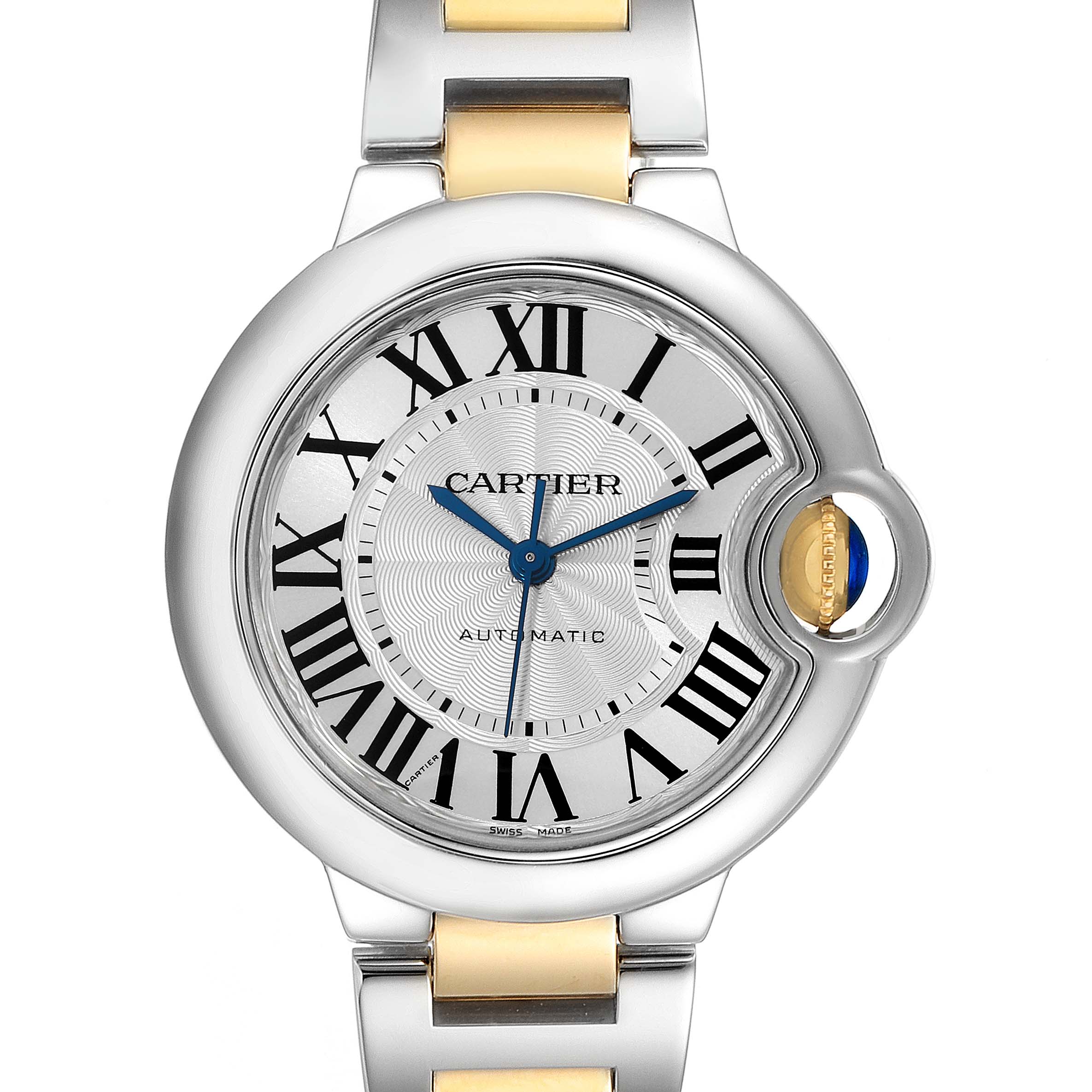 The image shows a face-on view of the Cartier Ballon Bleu W2BB0002 Women's Stainless Steel Silver Dial W2BB0002 Women's Stainless Steel Silver Dial watch, highlighting its round case, Roman numerals, and metallic bracelet.