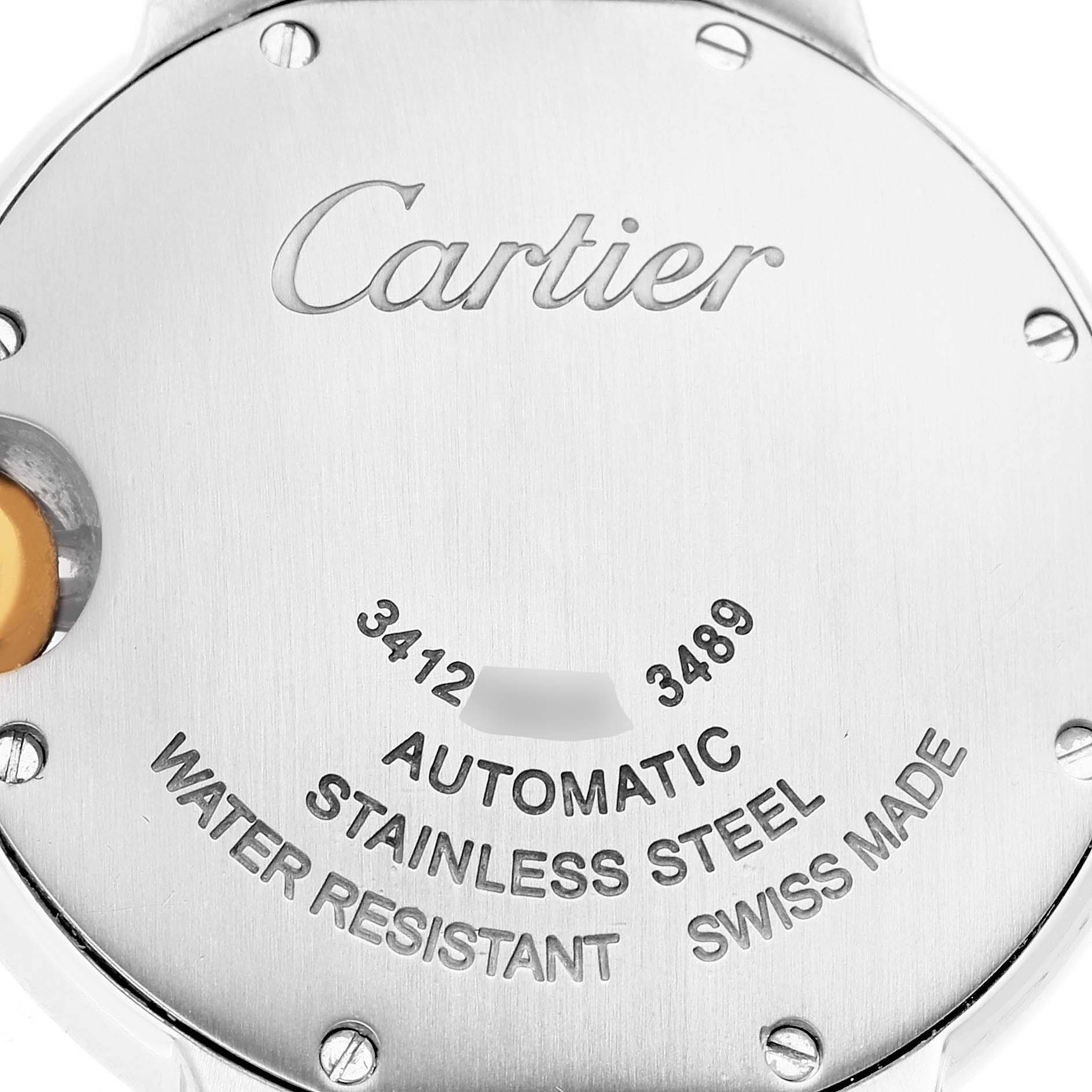 The image shows the back case of the Cartier Ballon Bleu W2BB0002 Women's Stainless Steel Silver Dial W2BB0002 Women's Stainless Steel Silver Dial watch, highlighting its automatic movement and stainless steel material.