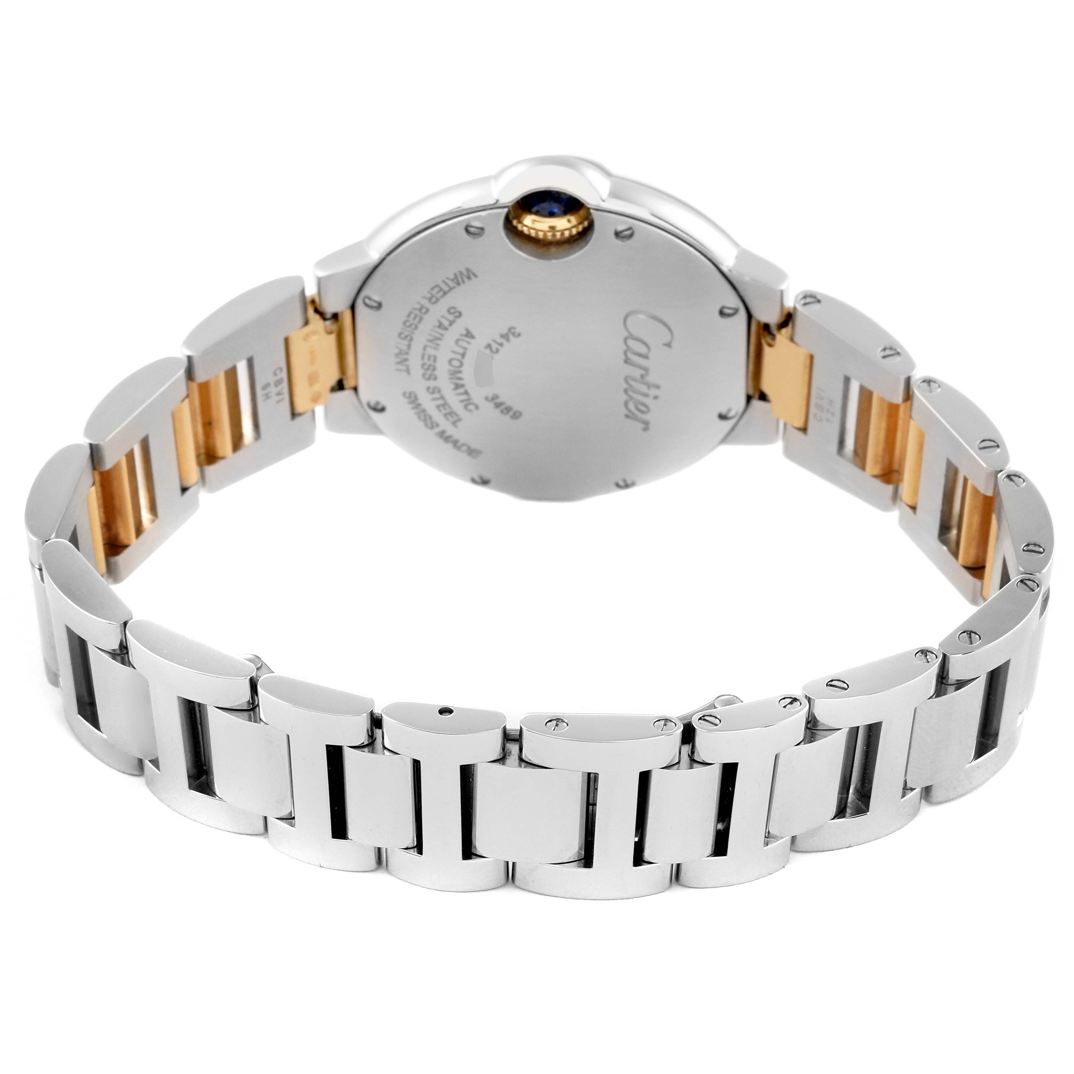 The image shows the back and bracelet of a Cartier Ballon Bleu W2BB0002 Women's Stainless Steel Silver Dial W2BB0002 Women's Stainless Steel Silver Dial watch, highlighting its metal links and part of the crown.