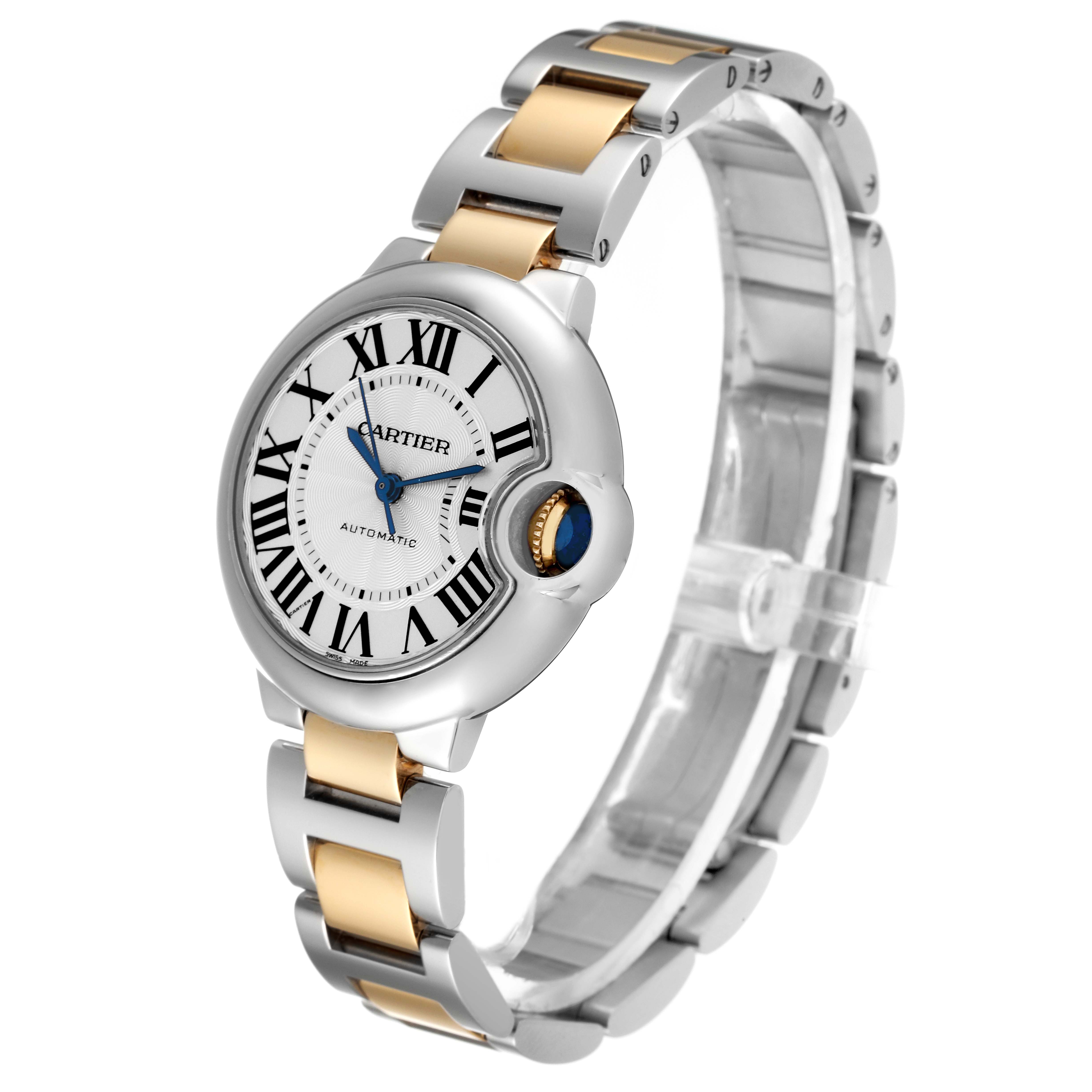 The image shows a side and front view of a Cartier Ballon Bleu W2BB0002 Women's Stainless Steel Silver Dial W2BB0002 Women's Stainless Steel Silver Dial watch, highlighting its bracelet and face details.
