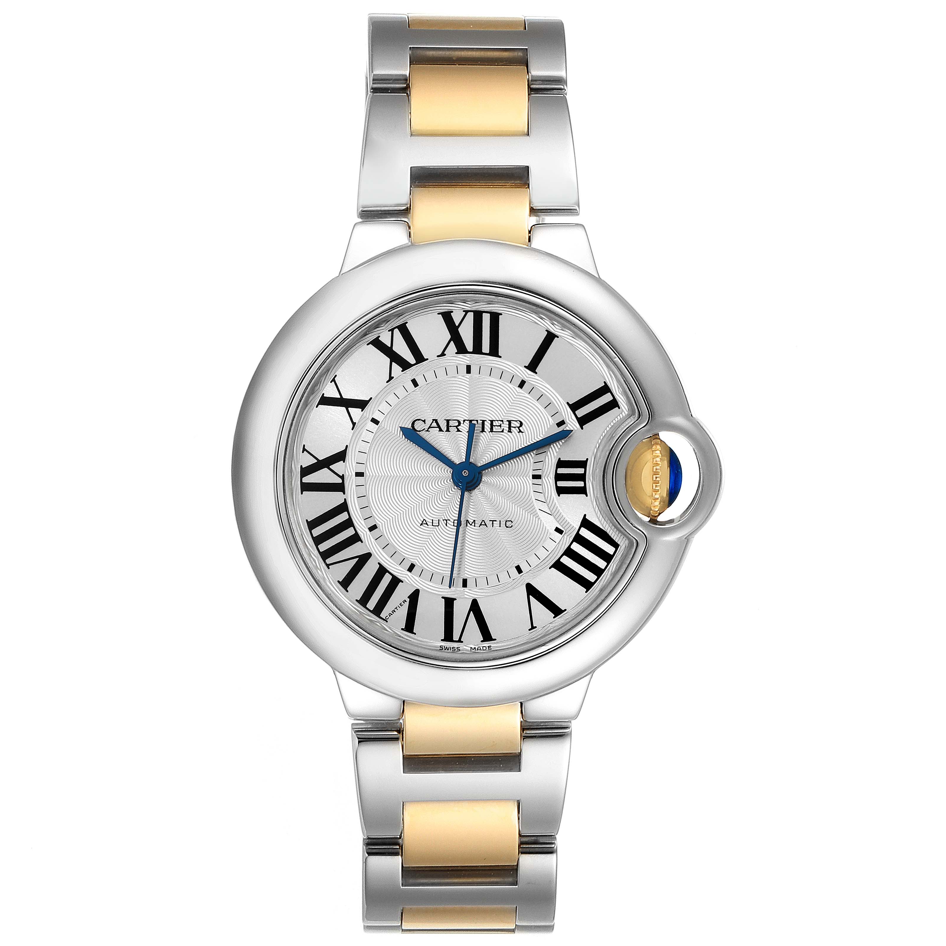 The image shows a front view of a Cartier Ballon Bleu W2BB0002 Women's Stainless Steel Silver Dial W2BB0002 Women's Stainless Steel Silver Dial watch, highlighting its face, dial, and two-tone bracelet.