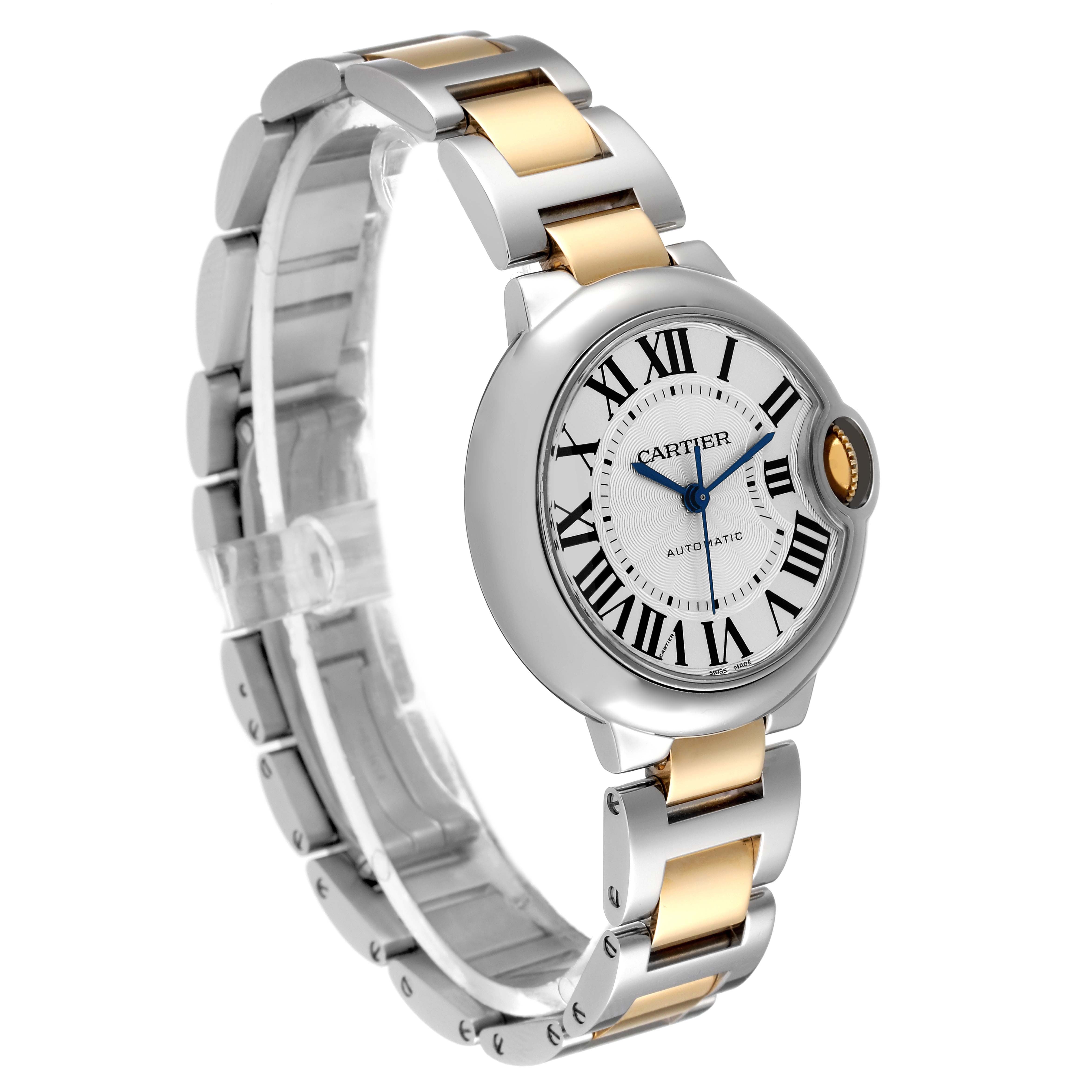 The image shows a Ballon Bleu de Cartier watch at an angled front view, highlighting its face, bezel, and two-tone bracelet.