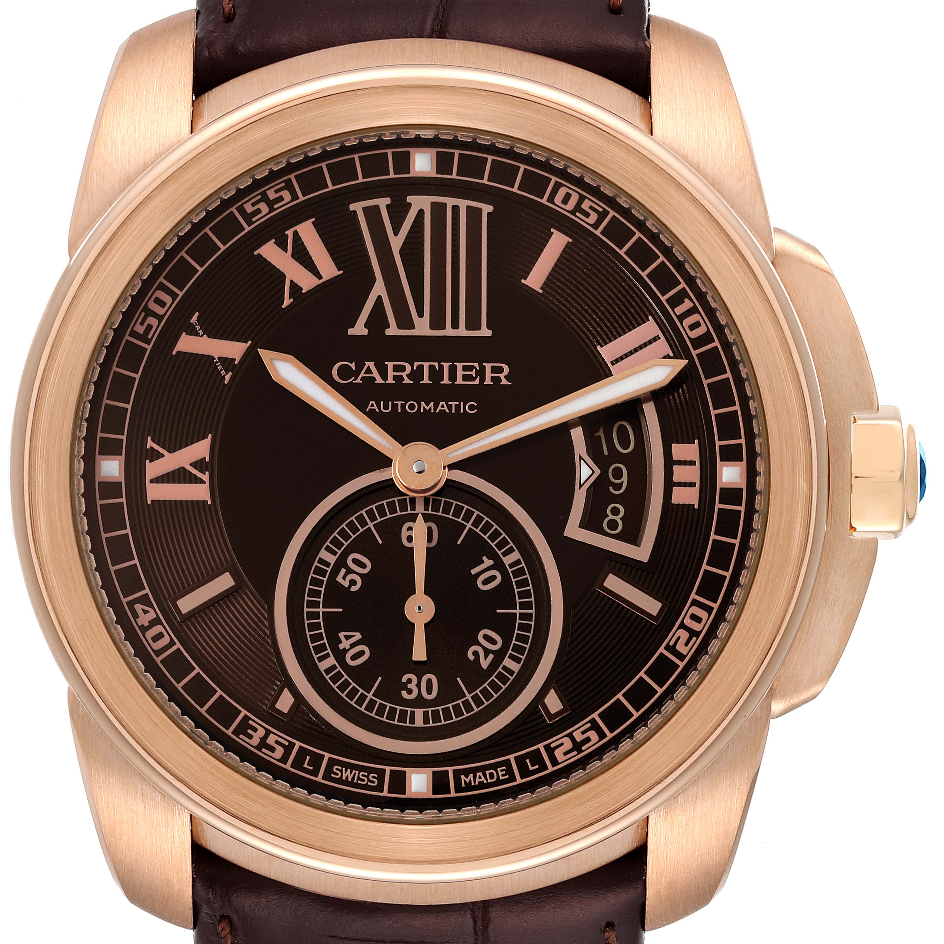 This image shows a front view of the Calibre de Cartier watch by Cartier, highlighting the dial and hands.