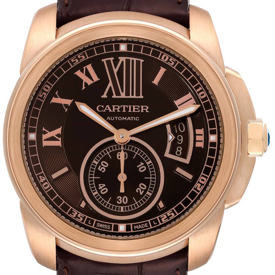 Cartier Calibre Rose Gold Brown Dial Automatic Mens Watch W7100007 Box Card SwissWatchExpo