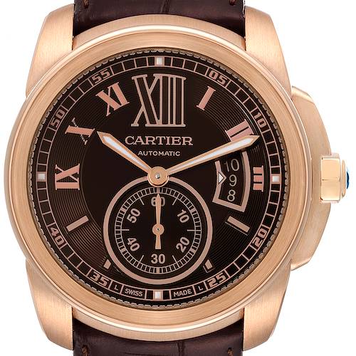 Photo of Cartier Calibre Rose Gold Brown Dial Automatic Mens Watch W7100007 Box Card