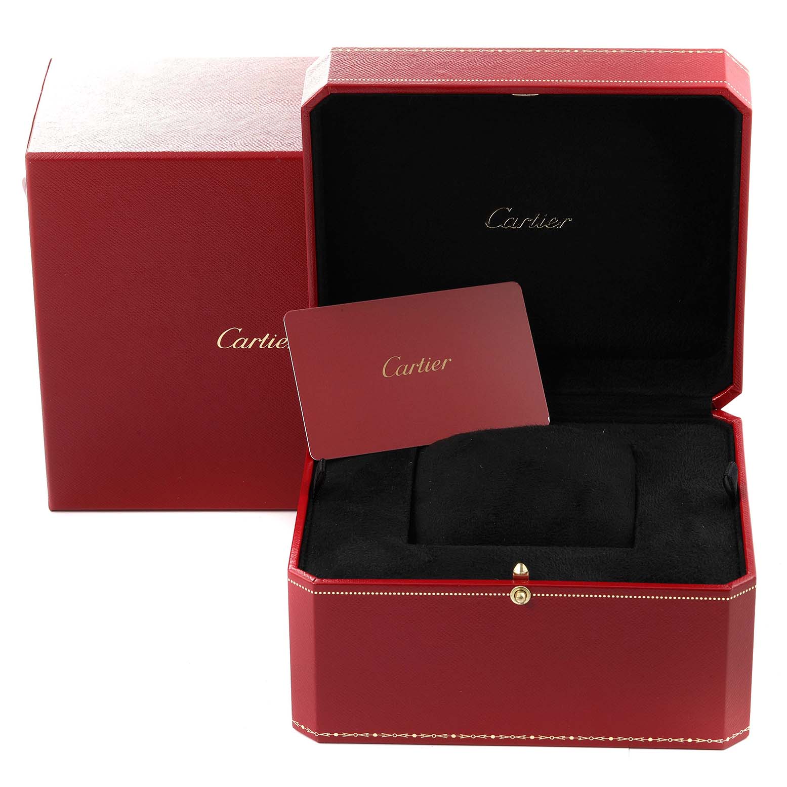 The image shows a red Cartier box for the Calibre de Cartier model, including an outer box, an inner box, and a Cartier card.