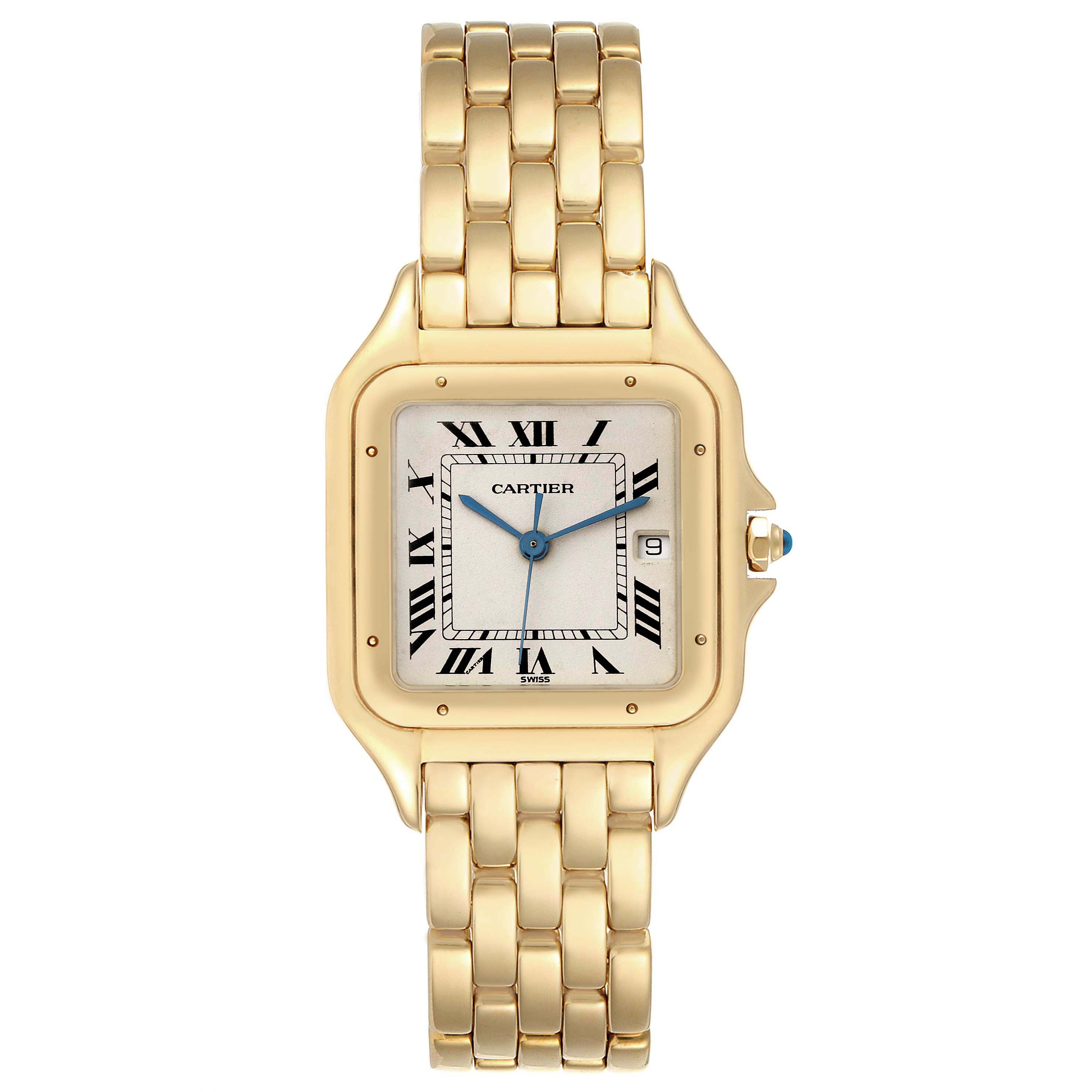 The image shows a front view of the Cartier Panthere W2501489 Women's Yellow Gold Silver Dial W2501489 Women's Yellow Gold Silver Dial watch, including the gold bracelet and square face with Roman numerals.