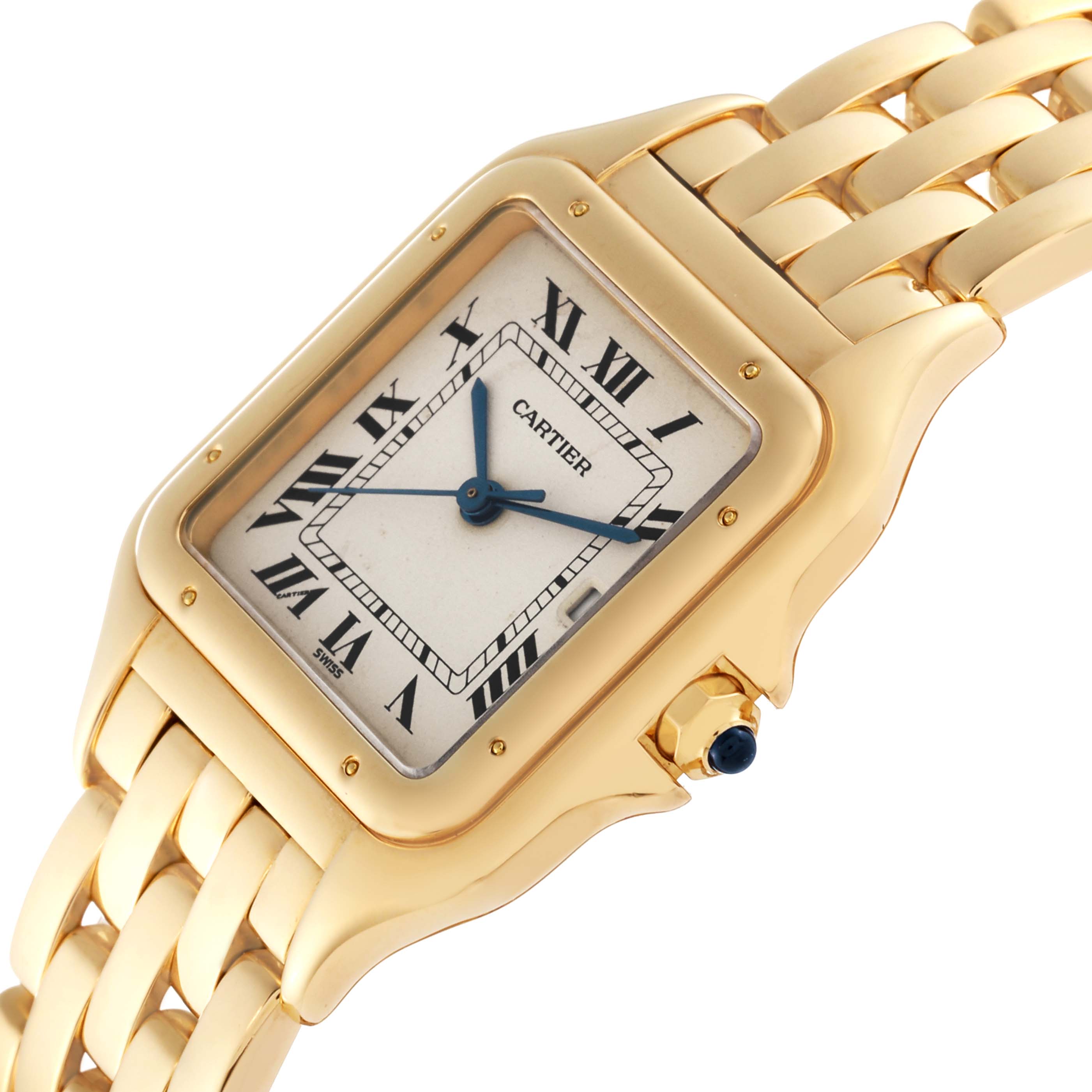 The image shows a close-up, angled view of a Cartier Panthere W2501489 Women's Yellow Gold Silver Dial W2501489 Women's Yellow Gold Silver Dial watch, highlighting its golden case, dial, and bracelet.