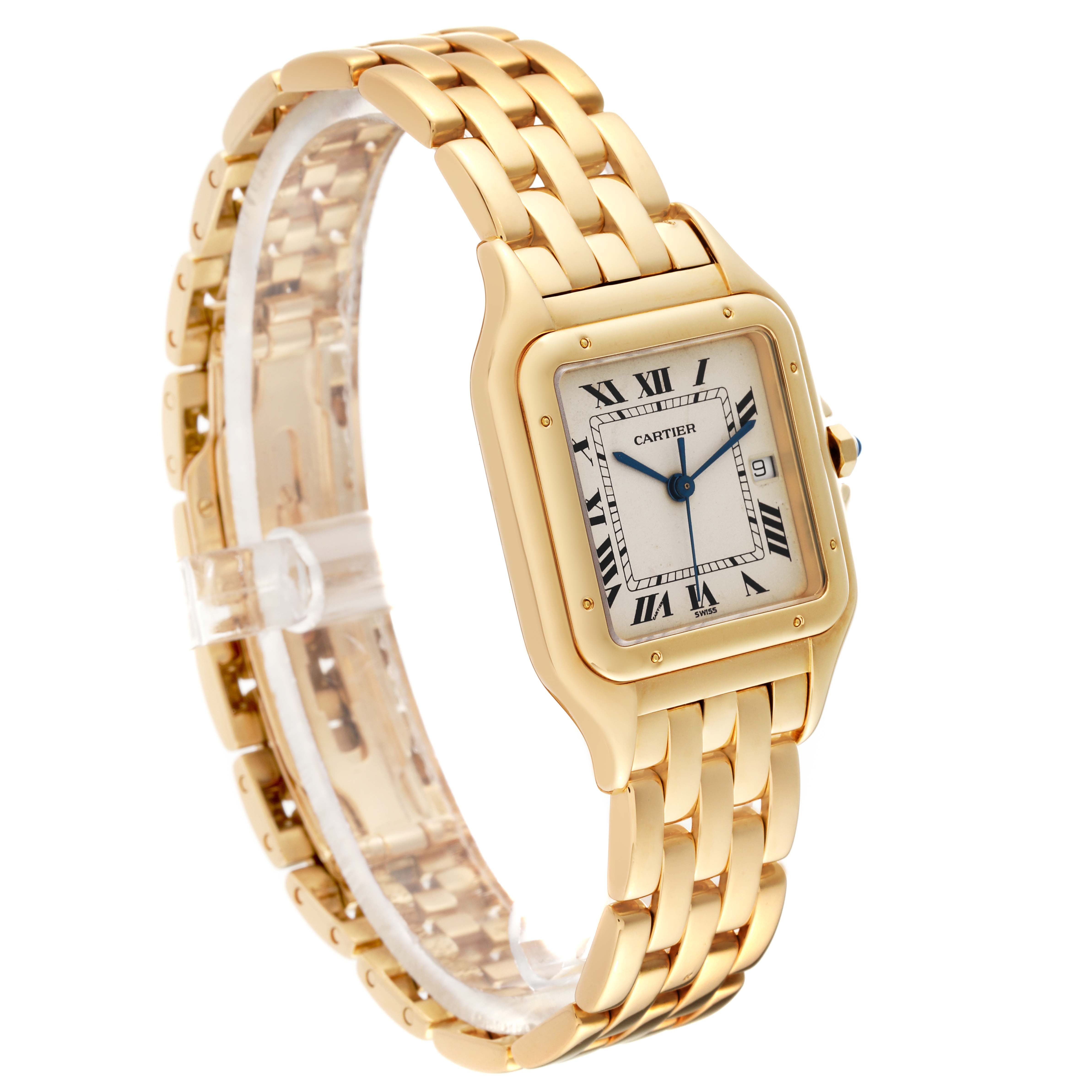 The image shows a side angle view of a Cartier Panthere W2501489 Women's Yellow Gold Silver Dial W2501489 Women's Yellow Gold Silver Dial model watch, highlighting the bracelet and dial.
