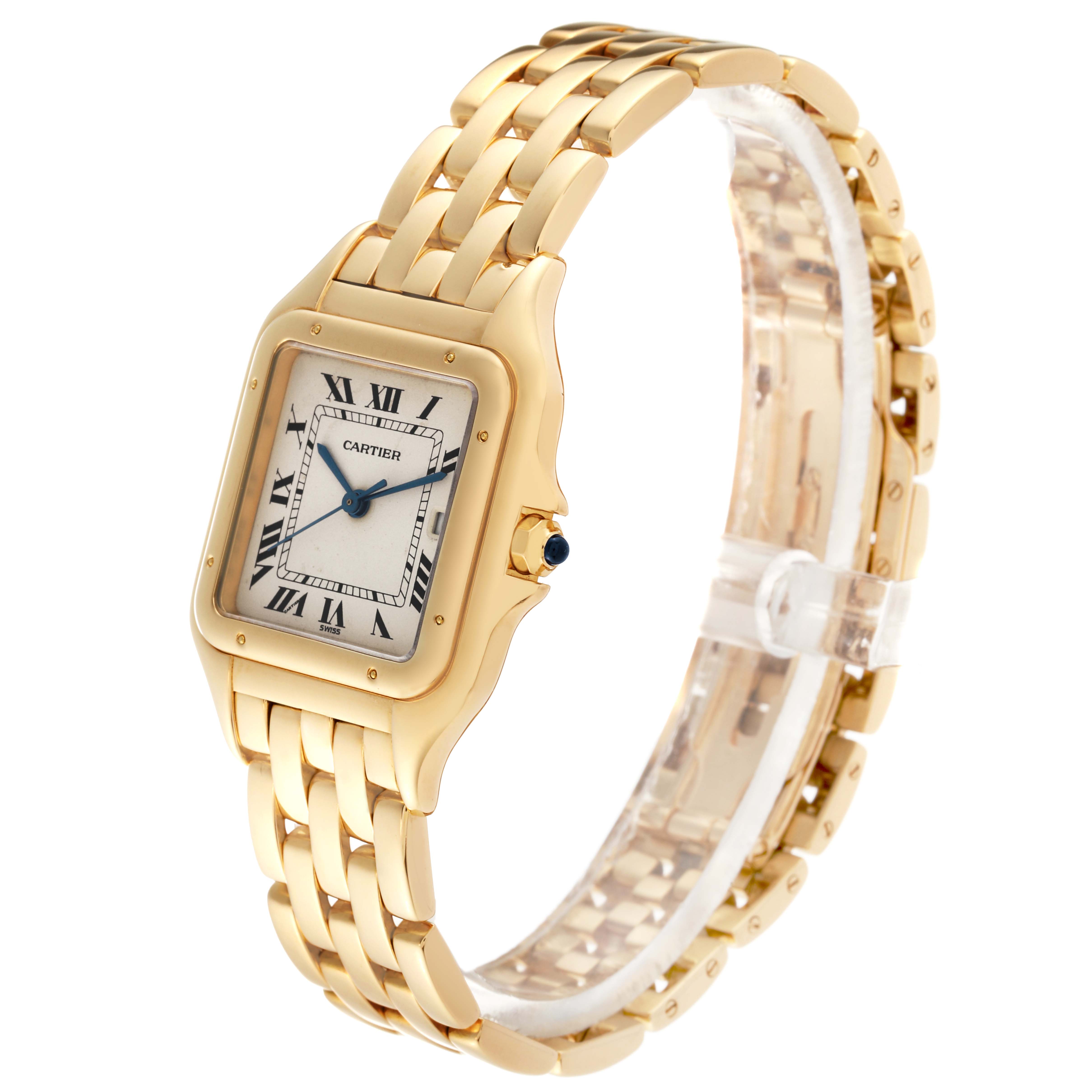 The image shows a Panthere model by Cartier from an oblique angle, highlighting its gold bracelet and square face with Roman numerals.