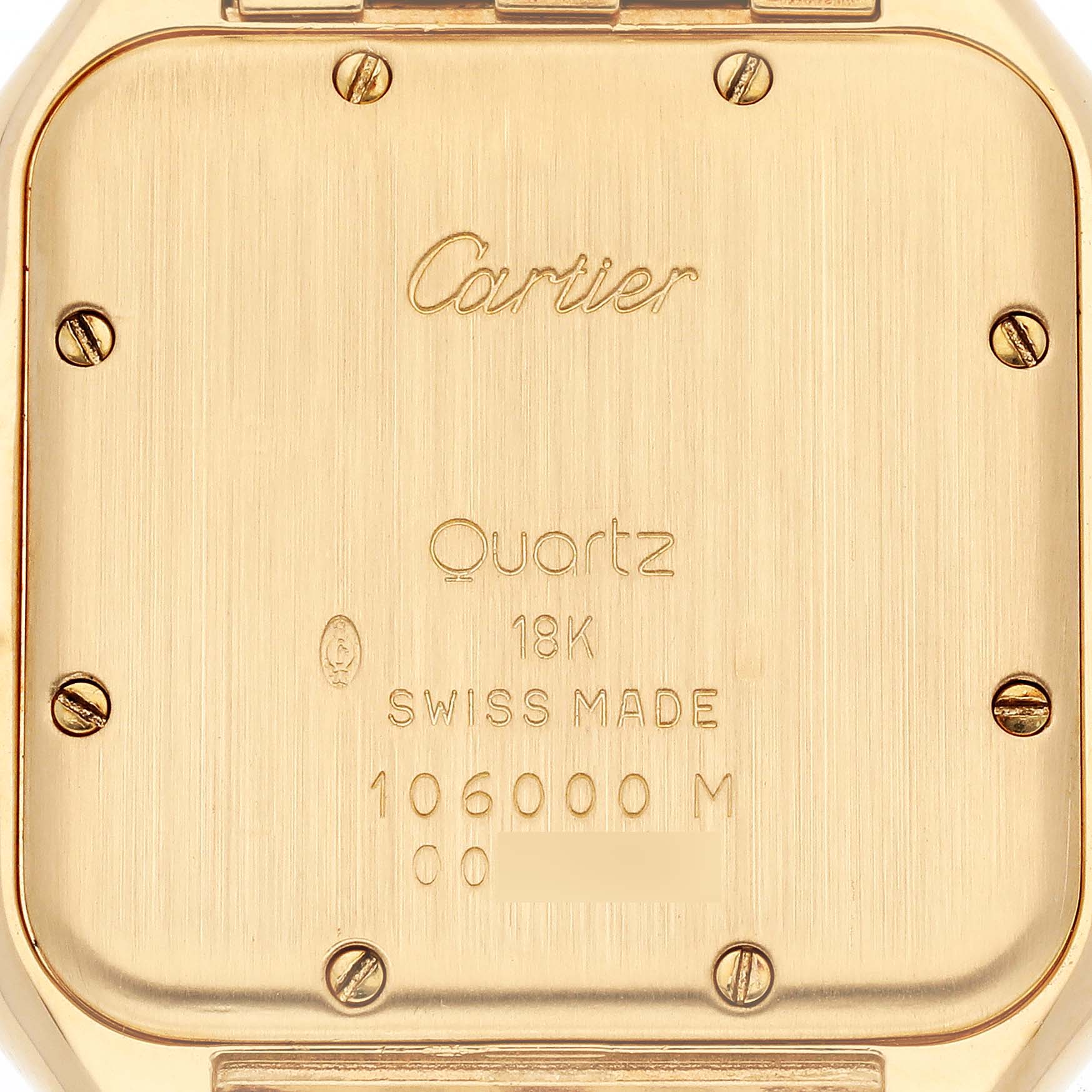 The image shows the back case of a Cartier Panthere W2501489 Women's Yellow Gold Silver Dial W2501489 Women's Yellow Gold Silver Dial model watch, detailing its quartz movement and 18K gold material.