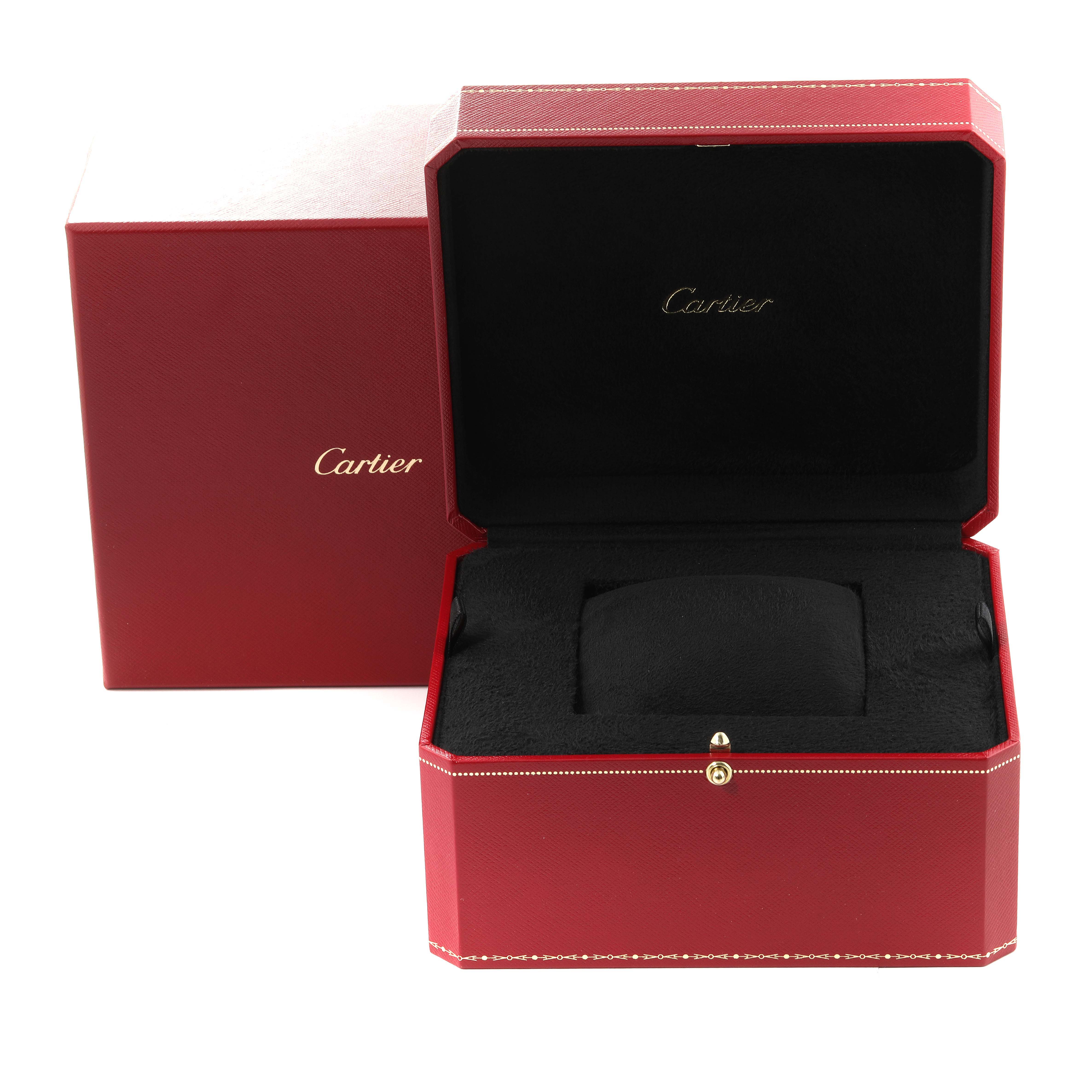 An empty Cartier Panthere W2501489 Women's Yellow Gold Silver Dial W2501489 Women's Yellow Gold Silver Dial watch box is shown from the front, revealing the inner cushion and logo.
