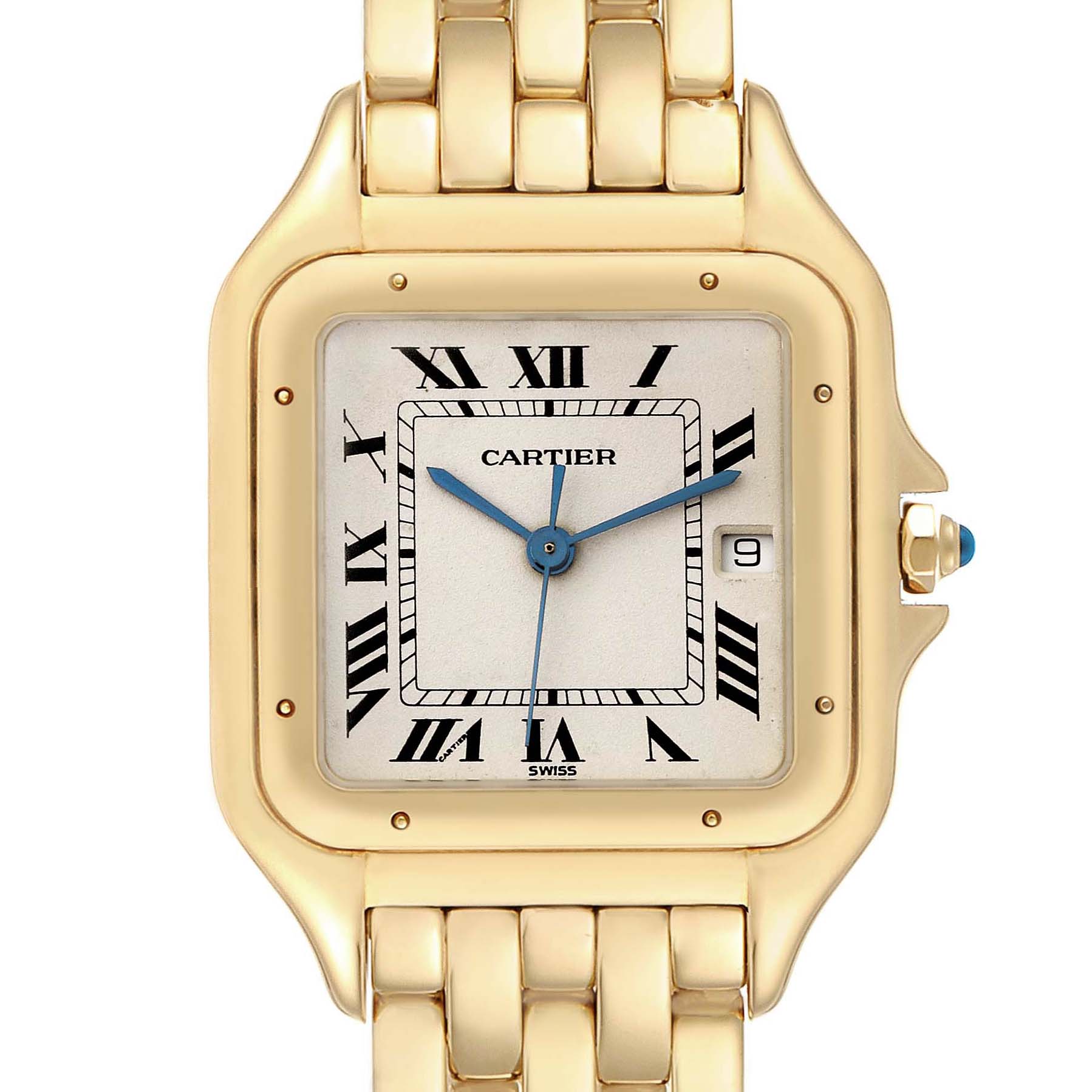 The image shows a close-up, front-facing view of the Cartier Panthere W2501489 Women's Yellow Gold Silver Dial W2501489 Women's Yellow Gold Silver Dial watch, highlighting its face, bracelet, and crown.