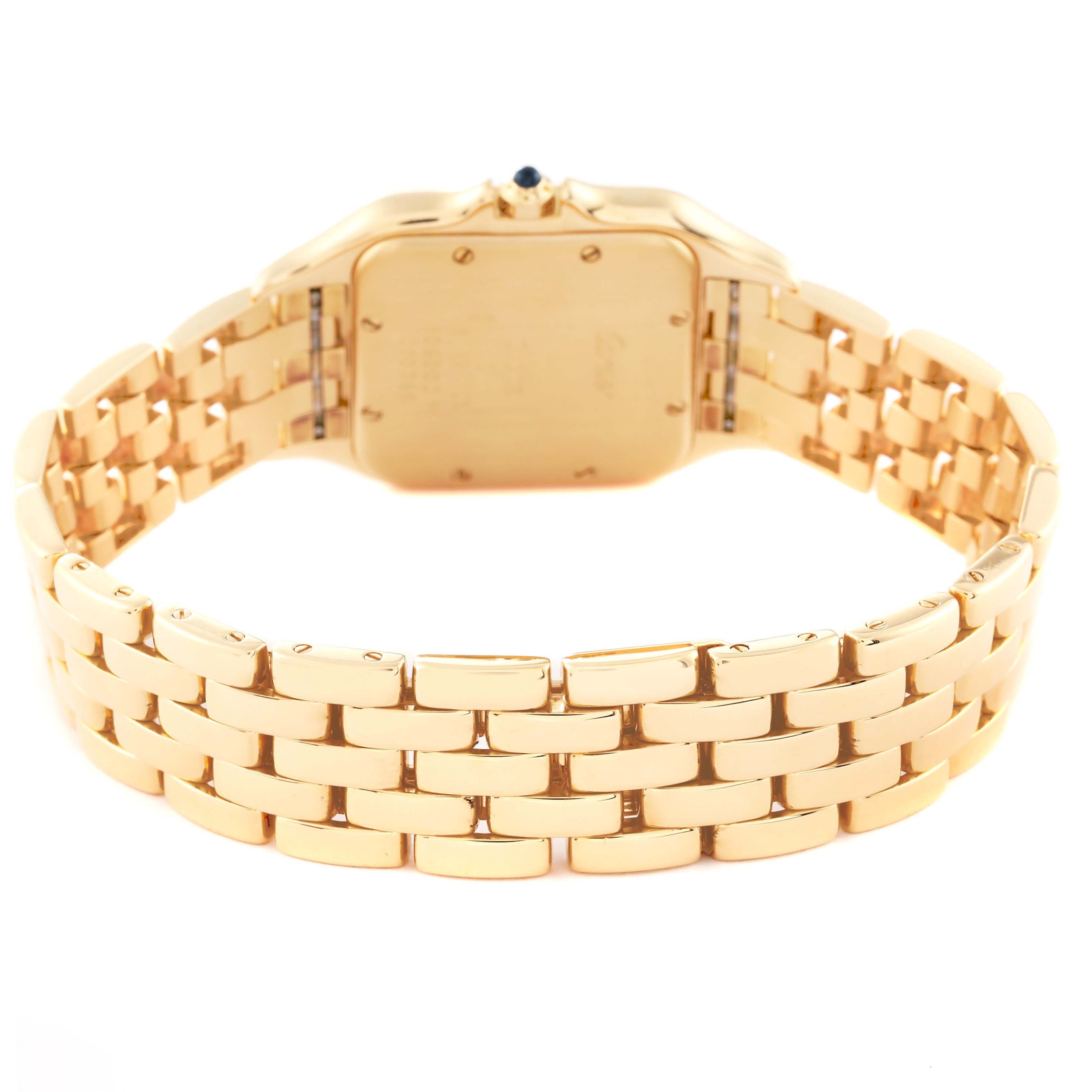 The image shows the back view of a Cartier Panthere W2501489 Women's Yellow Gold Silver Dial W2501489 Women's Yellow Gold Silver Dial watch, highlighting its gold bracelet and case back.