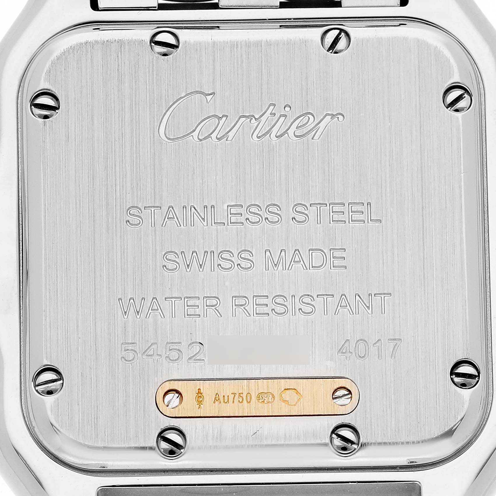 This image shows the back case of the Cartier Panthere W2PN0007 Women's Steel and Gold (two tone) Silver Dial W2PN0007 Women's Steel and Gold (two tone) Silver Dial watch with engravings detailing its specifications.