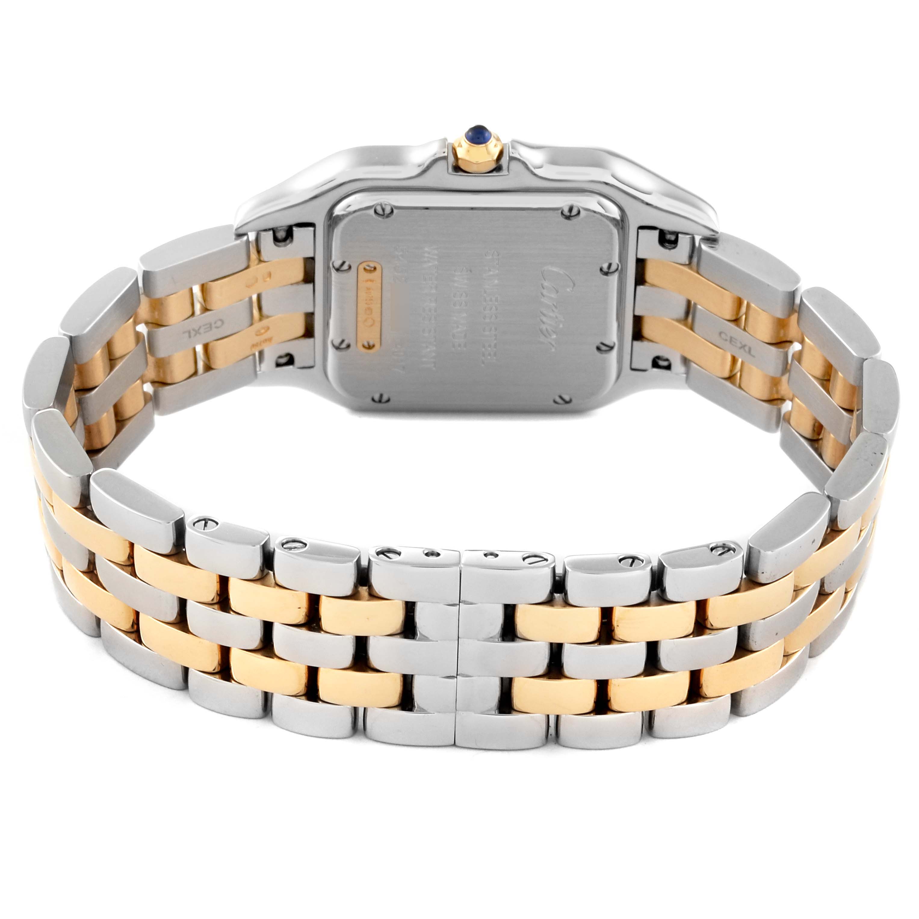 This image shows the back side of the Cartier Panthere W2PN0007 Women's Steel and Gold (two tone) Silver Dial W2PN0007 Women's Steel and Gold (two tone) Silver Dial watch, highlighting the case back, bracelet, and clasp.