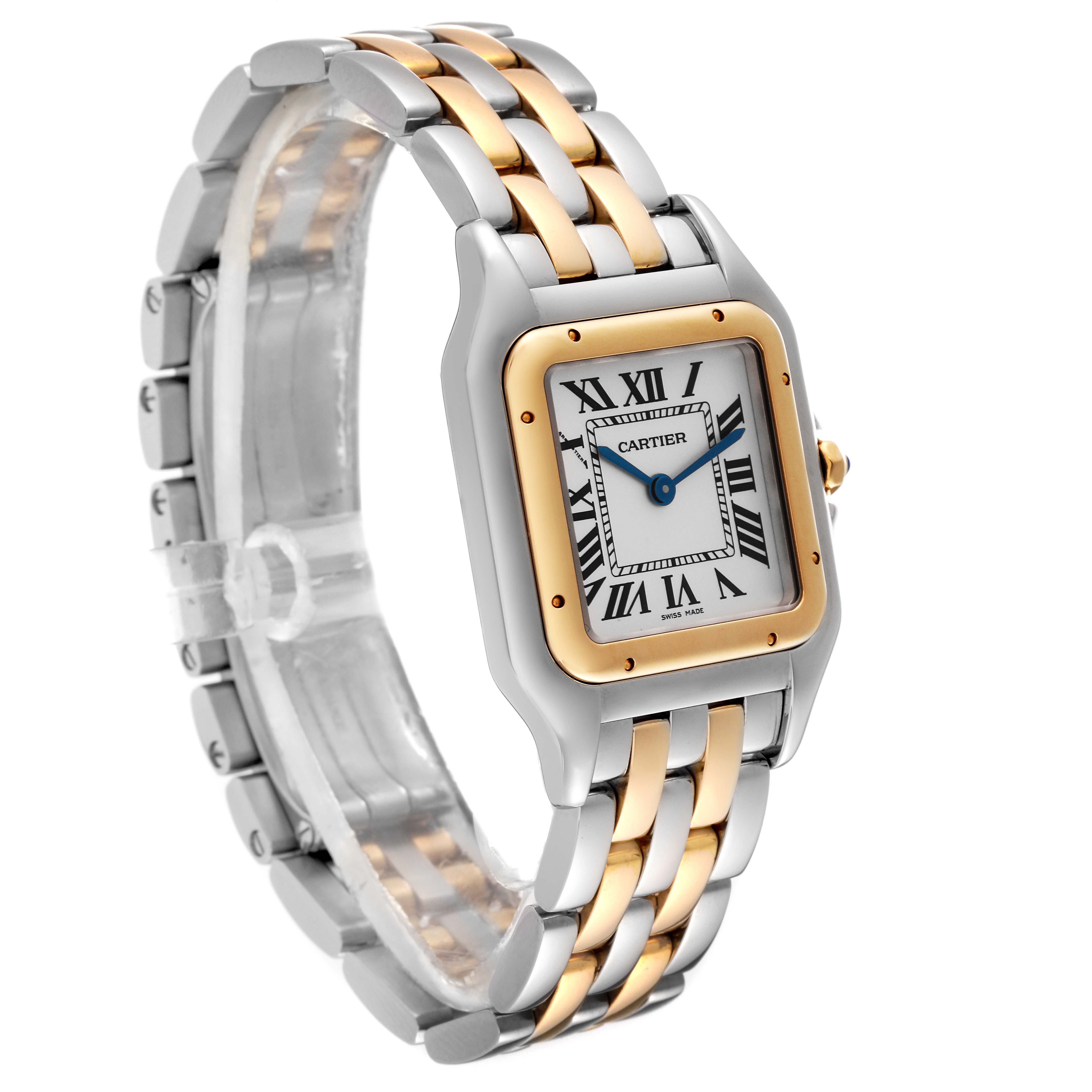 The image shows a Cartier Panthere W2PN0007 Women's Steel and Gold (two tone) Silver Dial W2PN0007 Women's Steel and Gold (two tone) Silver Dial watch at a slight side angle, highlighting its gold and silver bracelet and square face.