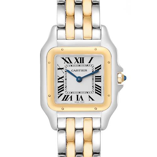 The image shows a front view of the Cartier Panthere watch, highlighting its rectangular dial, Roman numerals, and two-tone metal bracelet.