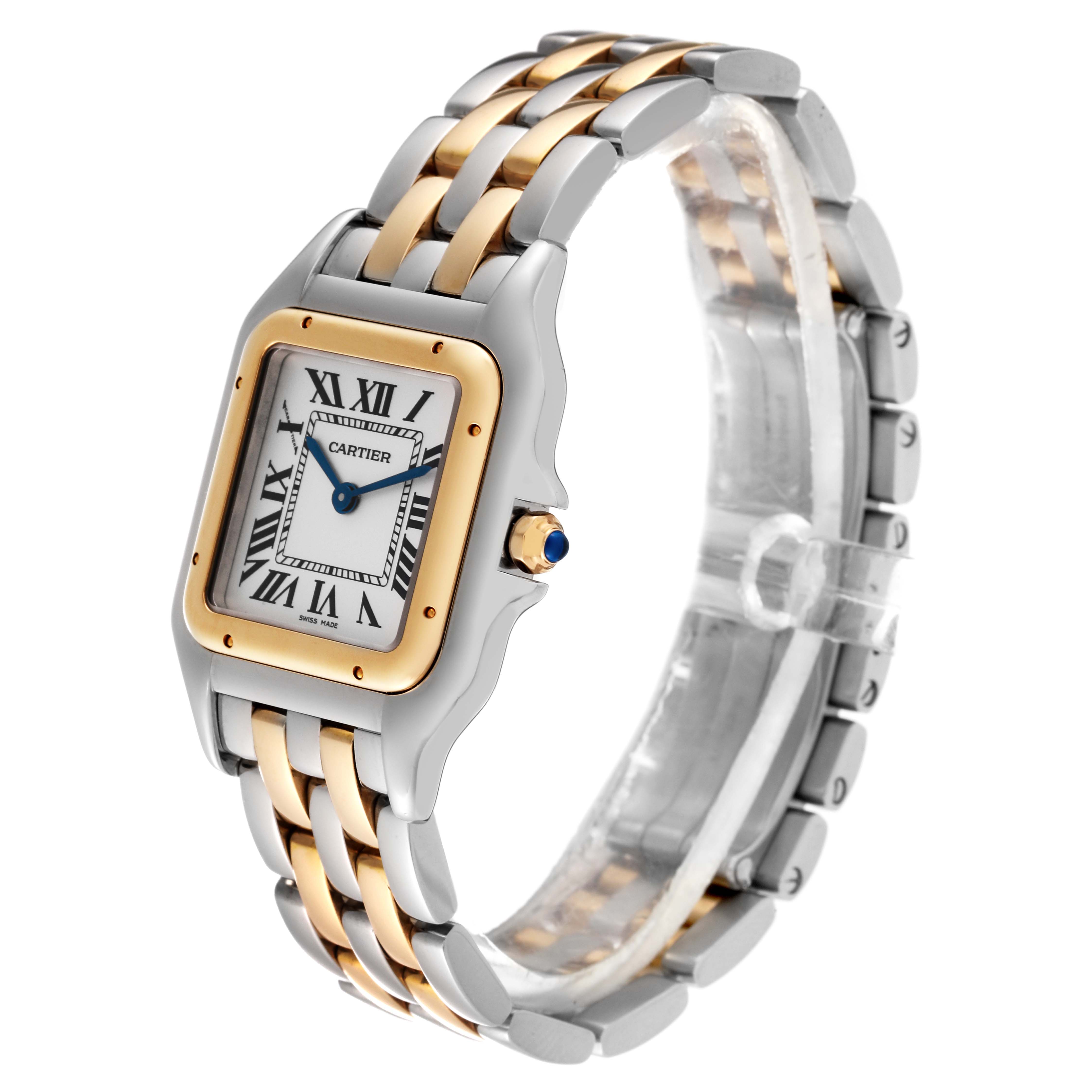 The image shows a Panthere model by Cartier at a slight angle, highlighting its two-tone bracelet, square face, and Roman numeral dial.